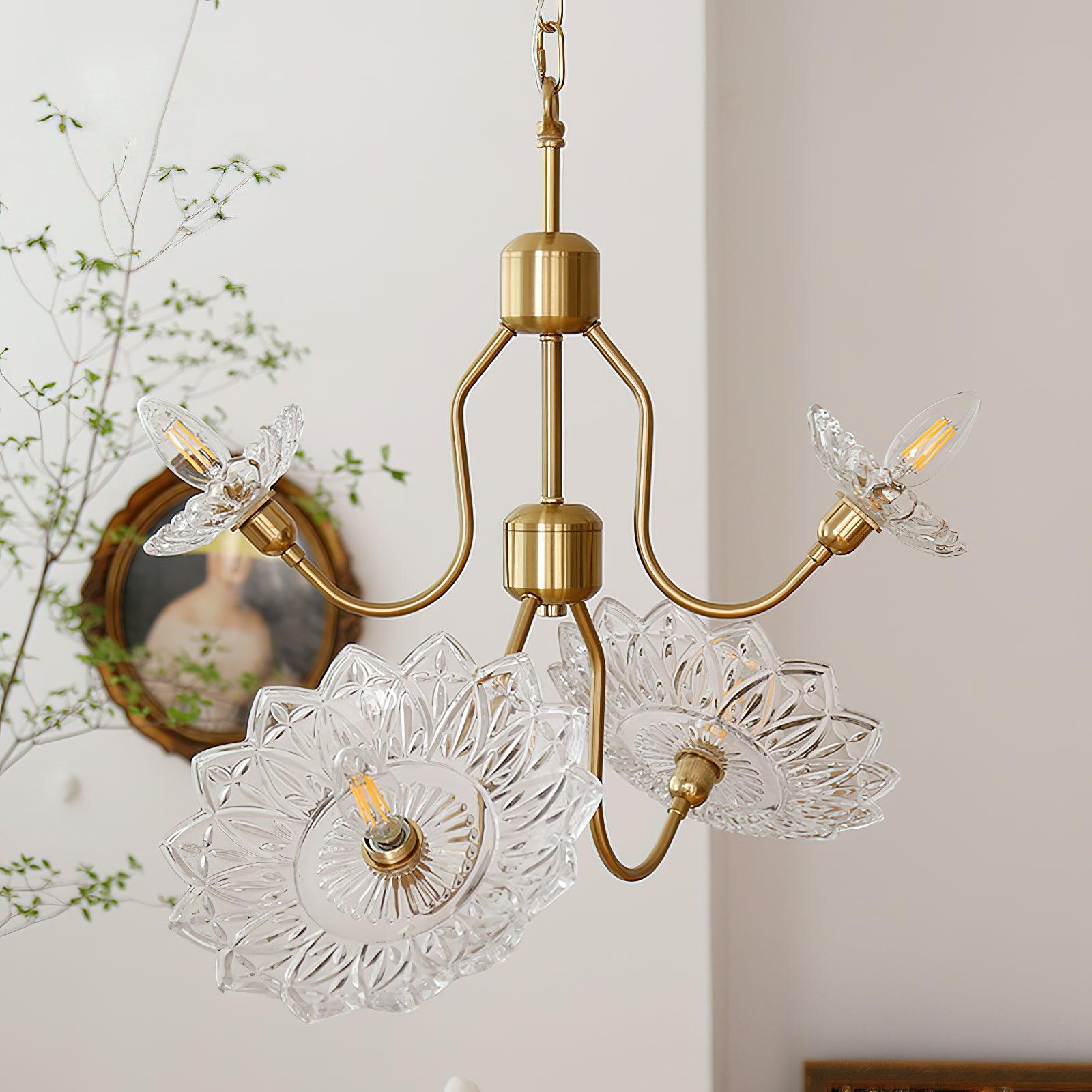 Lustra Chandelier Brass Glass Floral Vintage - Letslighting