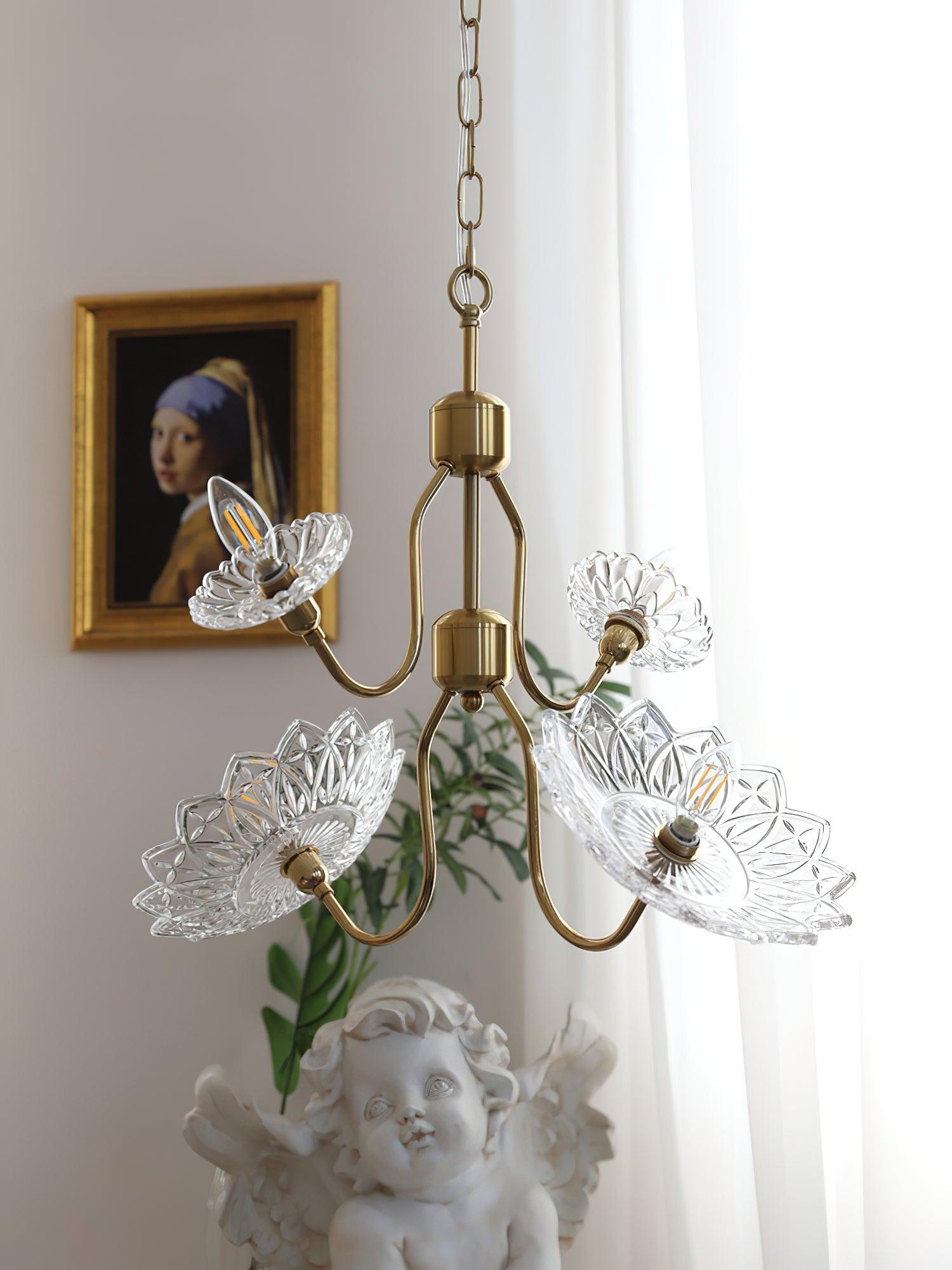 Lustra Chandelier Brass Glass Floral Vintage - Letslighting