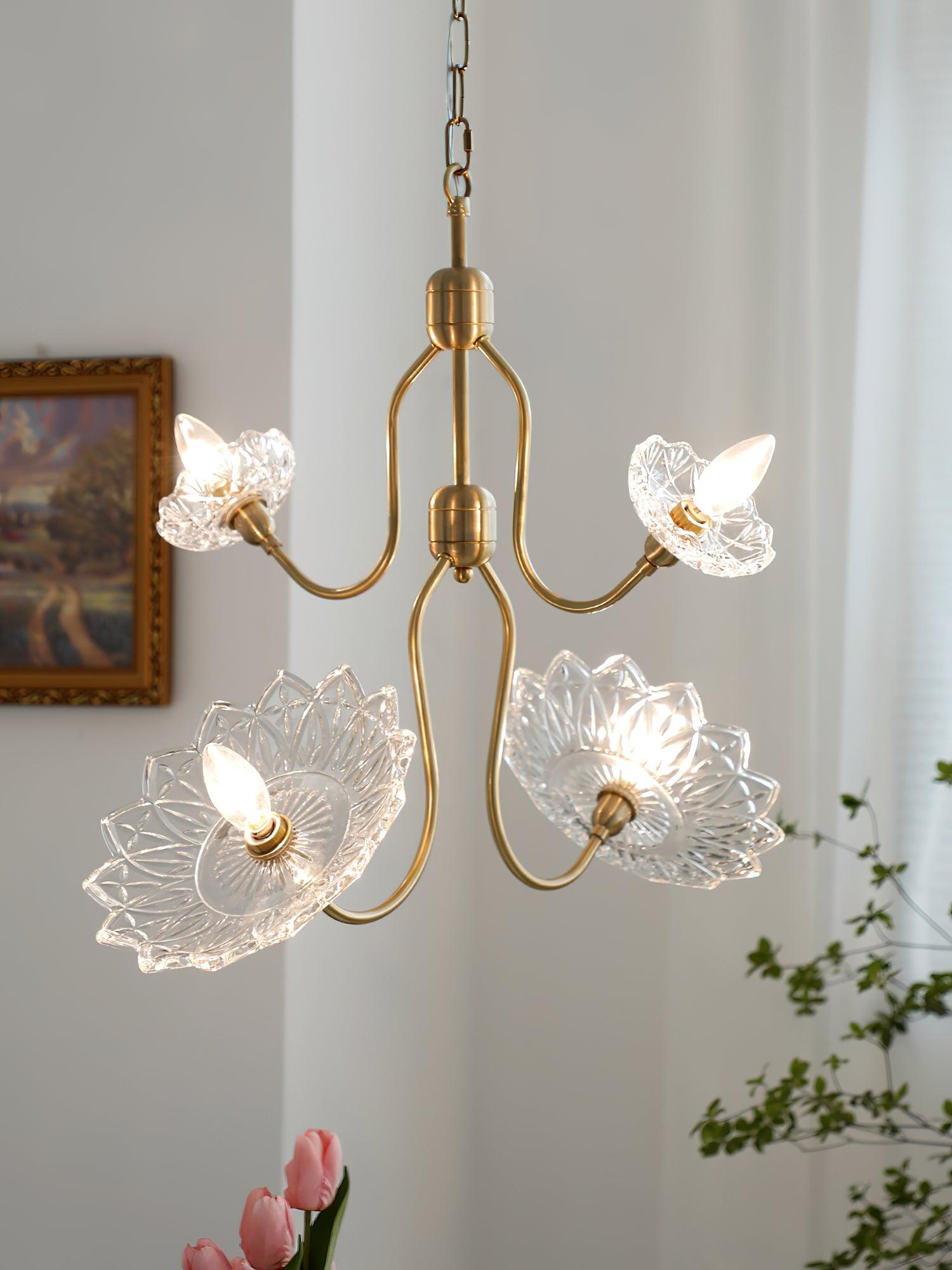 Lustra Chandelier Brass Glass Floral Vintage - Letslighting