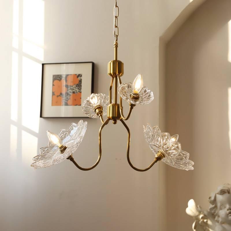 Lustra Chandelier Brass Glass Floral Vintage - Letslighting