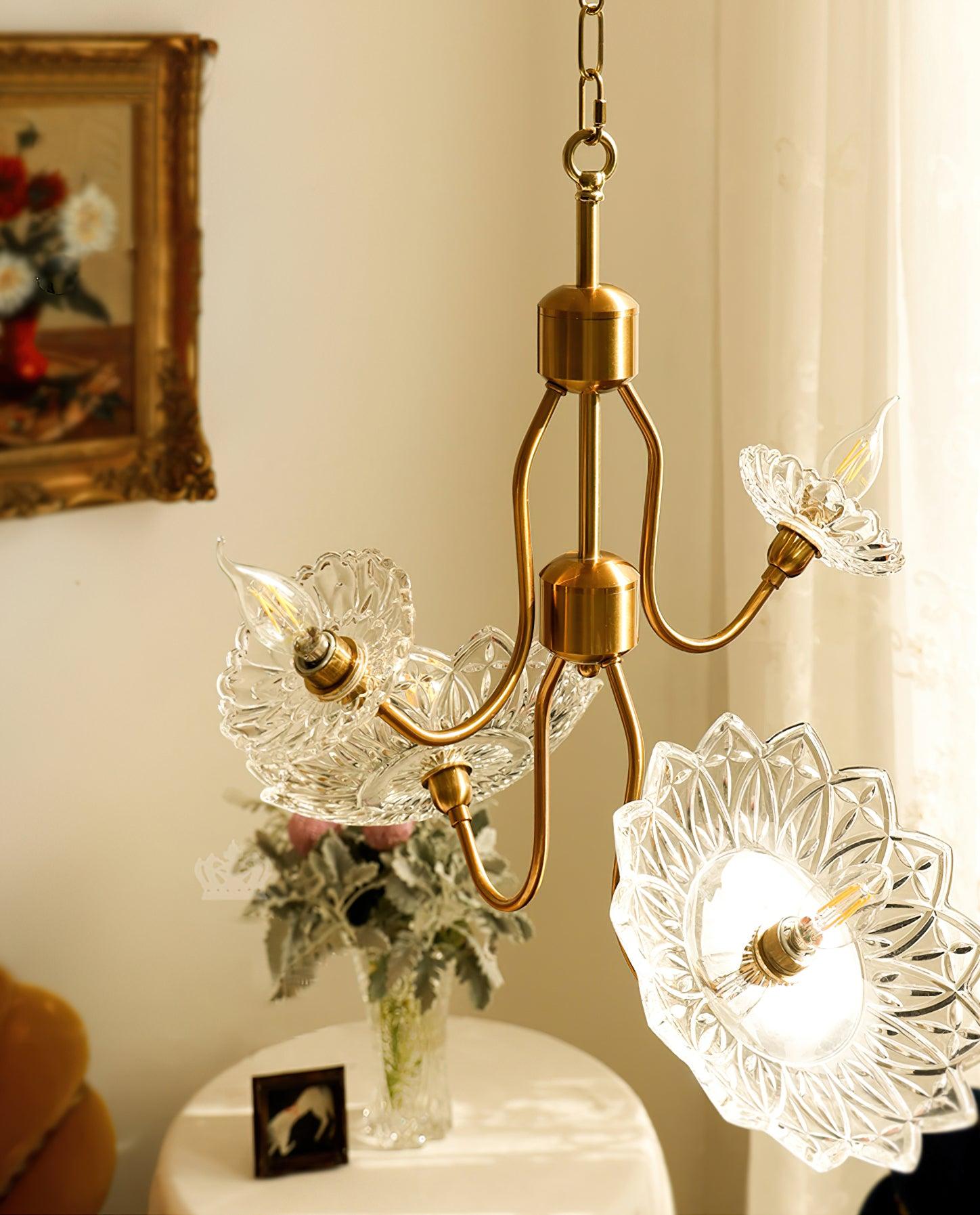 Lustra Chandelier Brass Glass Floral Vintage - Letslighting