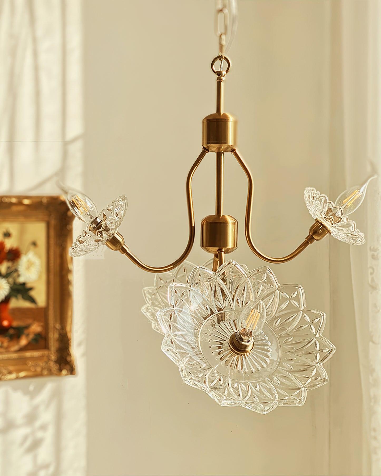 Lustra Chandelier Brass Glass Floral Vintage - Letslighting