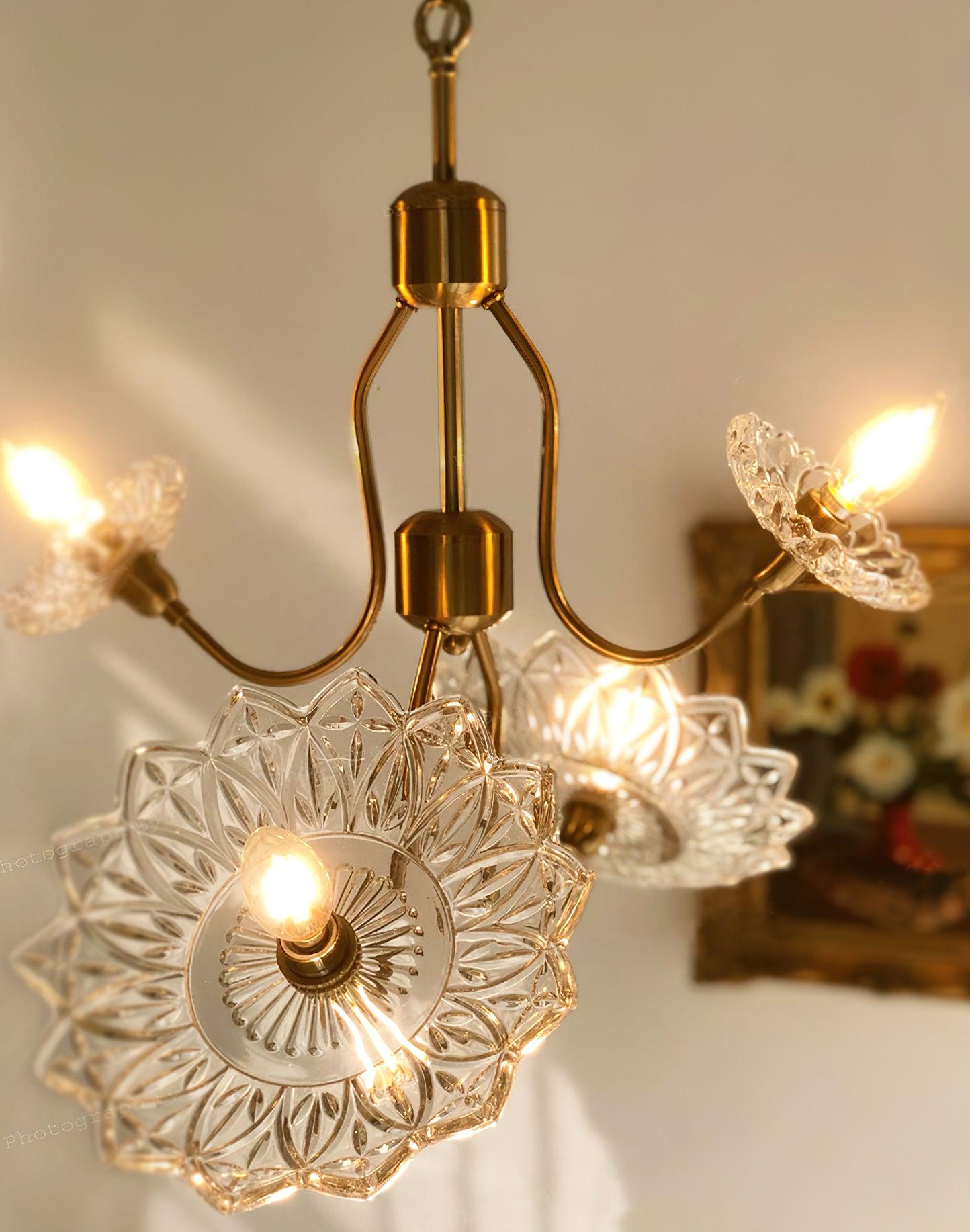 Lustra Chandelier Brass Glass Floral Vintage - Letslighting