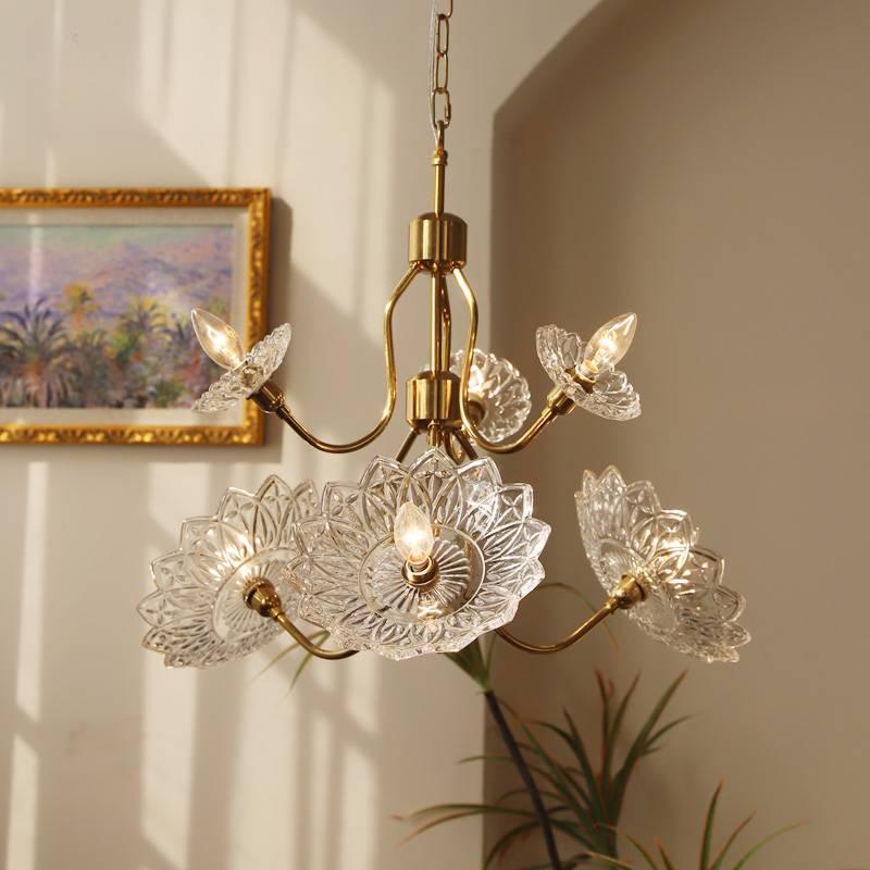 Lustra Chandelier Brass Glass Floral Vintage - Letslighting