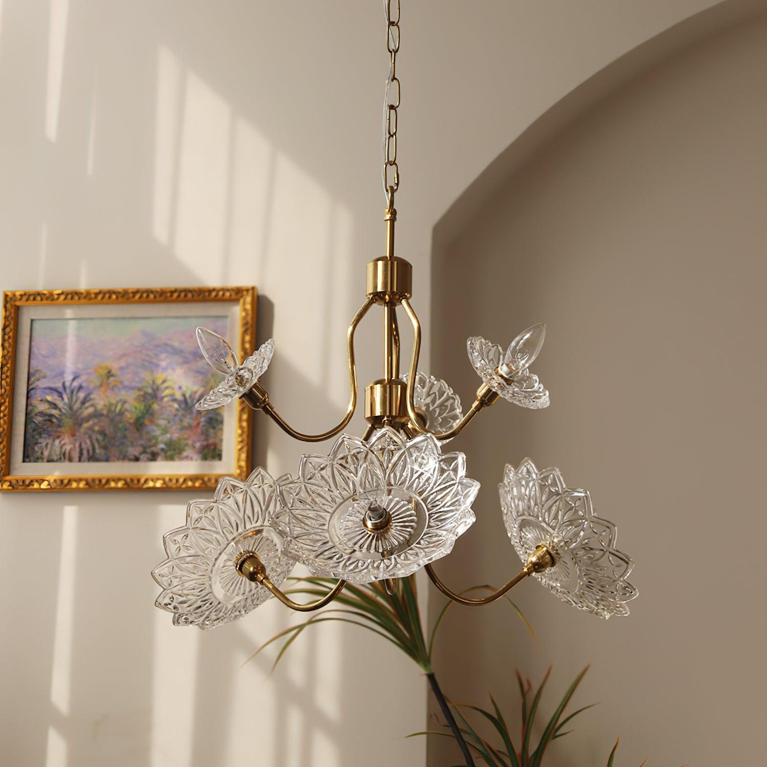 Lustra Chandelier Brass Glass Floral Vintage - Letslighting