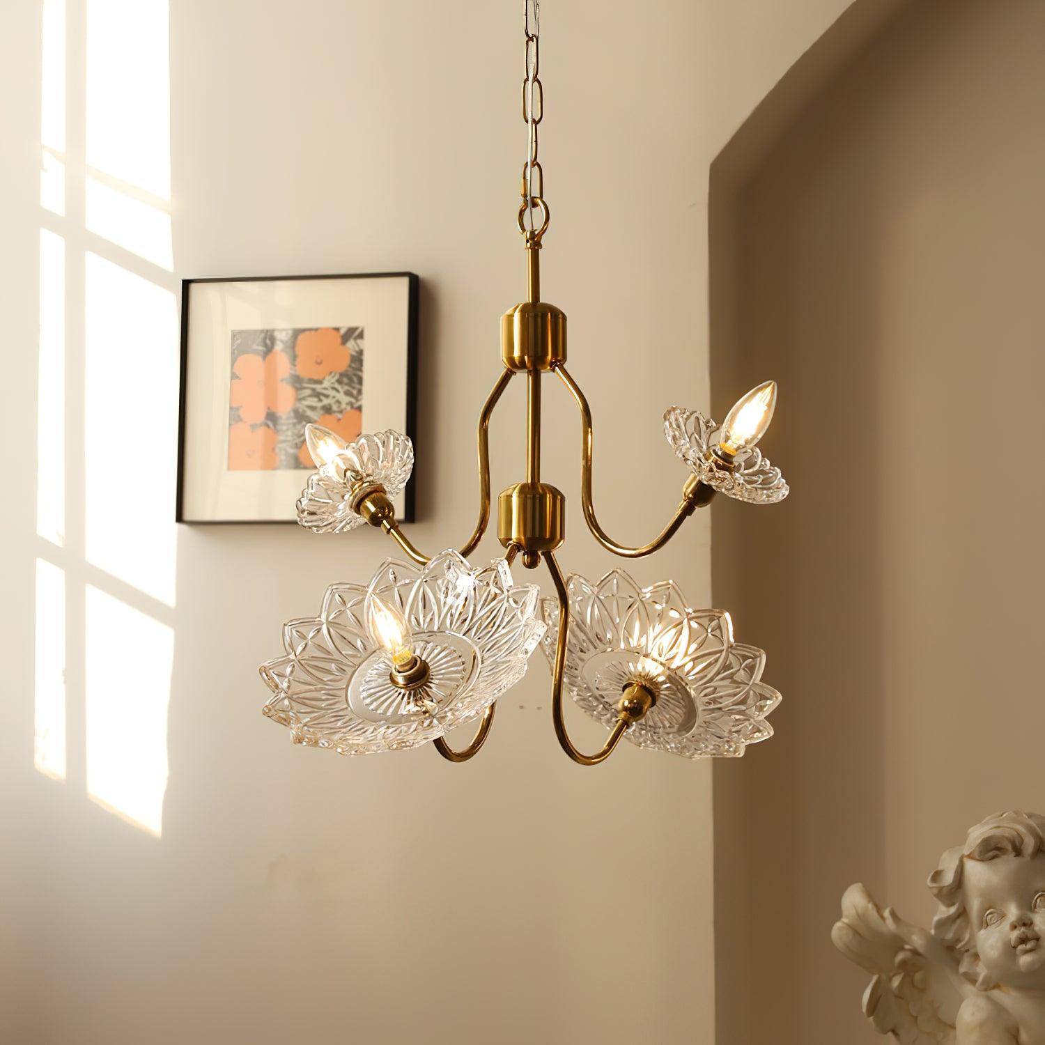 Lustra Chandelier Brass Glass Floral Vintage - Letslighting