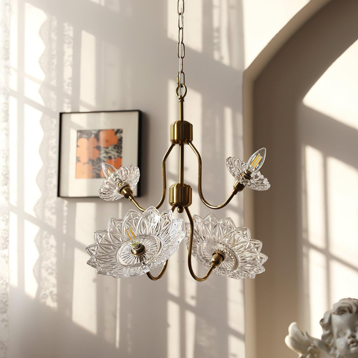 Lustra Chandelier Brass Glass Floral Vintage - Letslighting