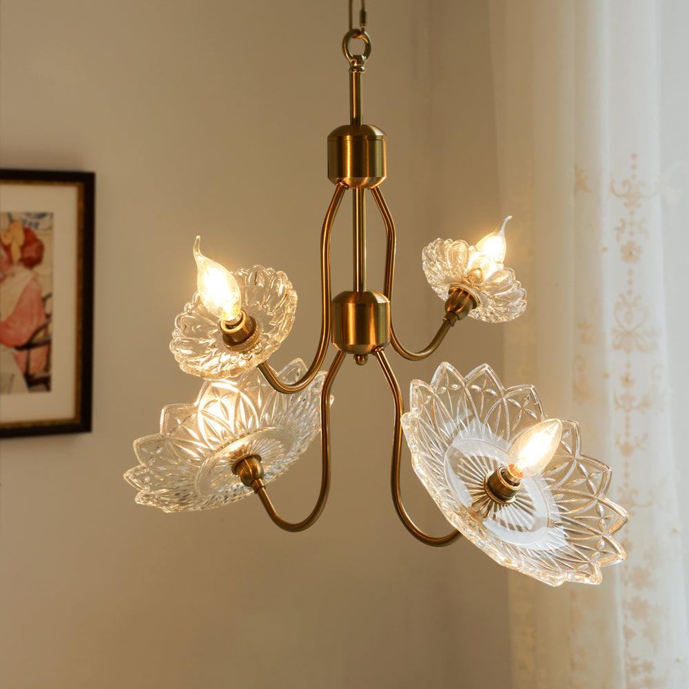 Lustra Chandelier Brass Glass Floral Vintage - Letslighting