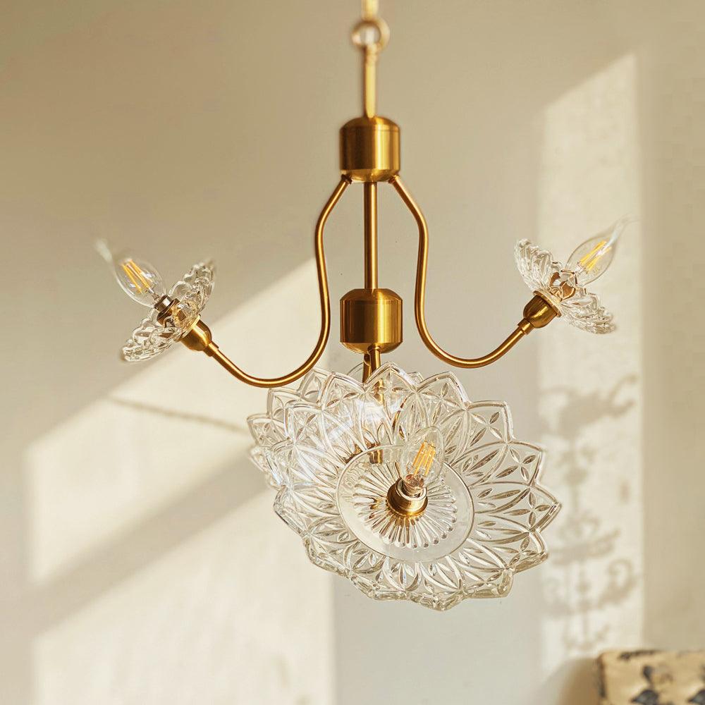Lustra Chandelier Brass Glass Floral Vintage - Letslighting