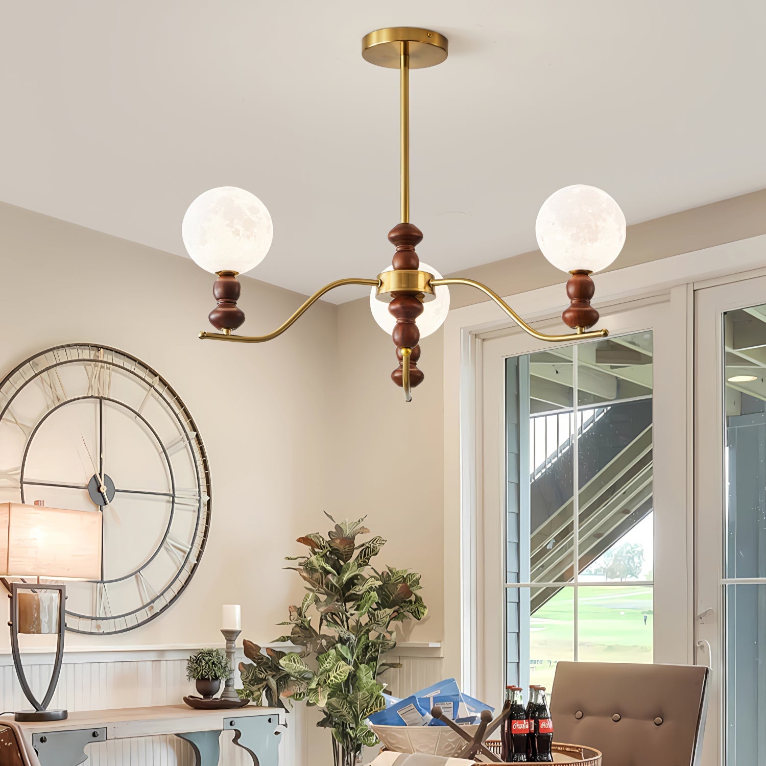Lustra Chandelier Brass Wood Moon Globe Elegant - Letslighting