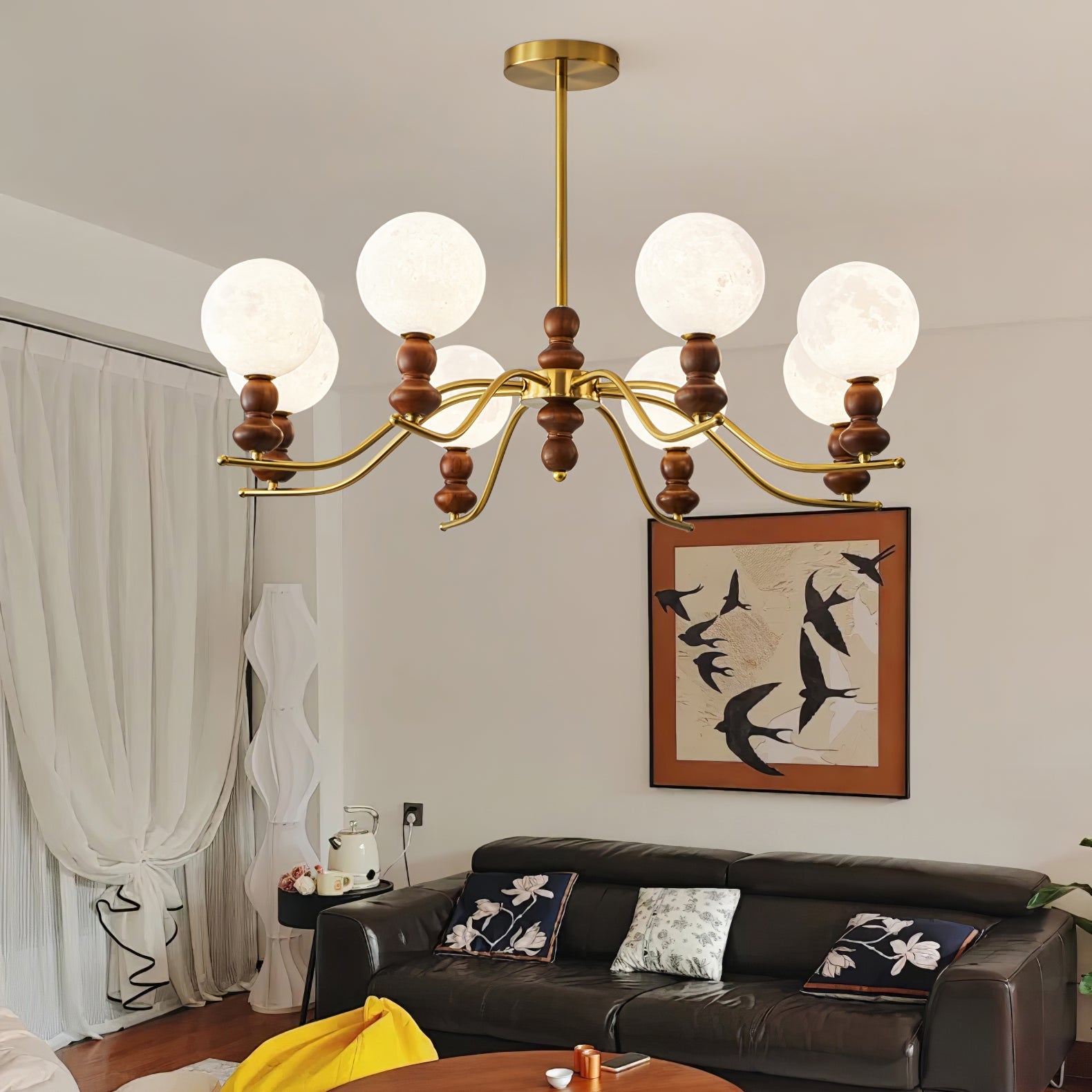 Lustra Chandelier Brass Wood Moon Globe Elegant - Letslighting