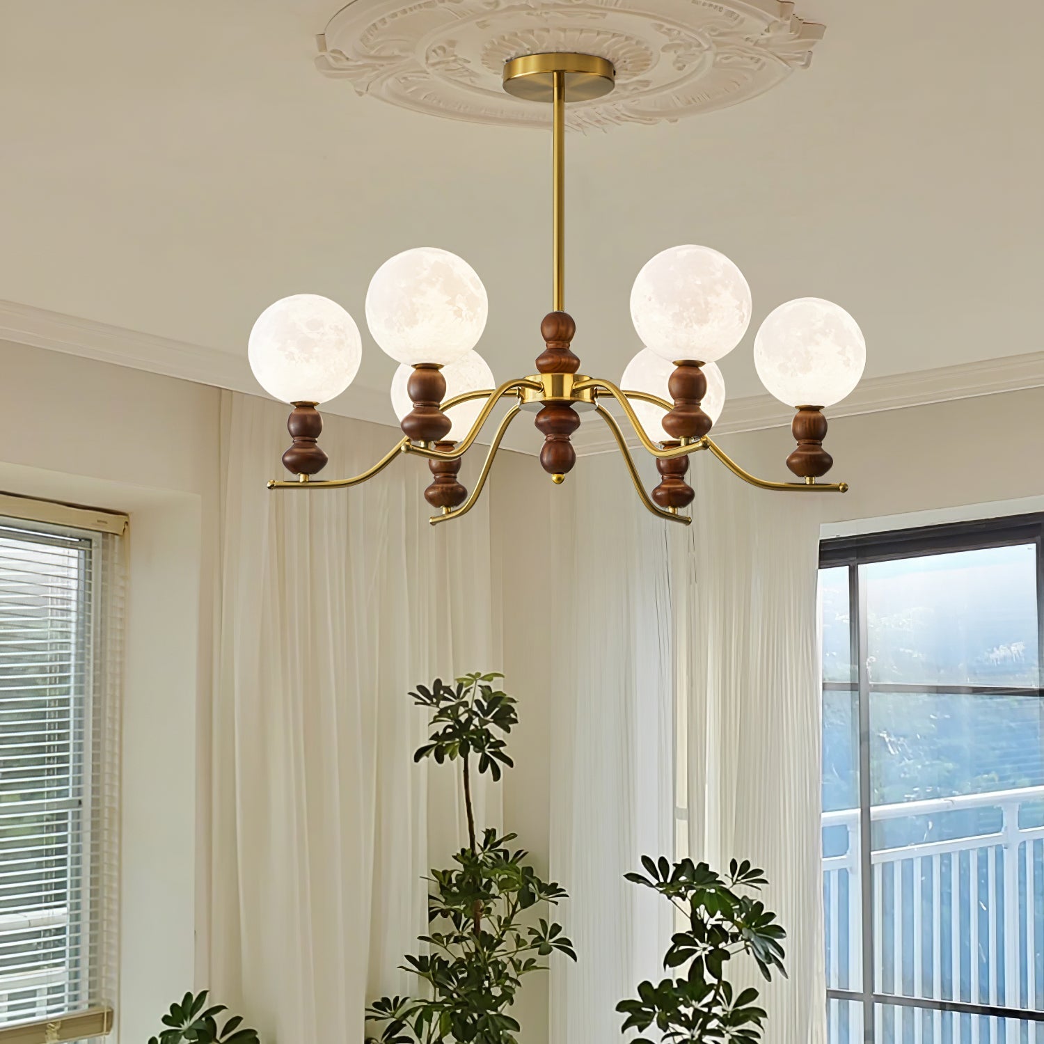 Lustra Chandelier Brass Wood Moon Globe Elegant - Letslighting