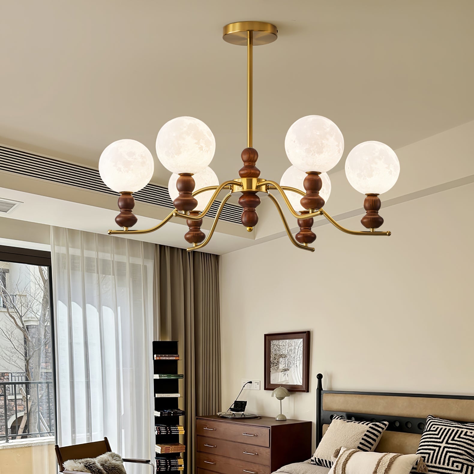 Lustra Chandelier Brass Wood Moon Globe Elegant - Letslighting
