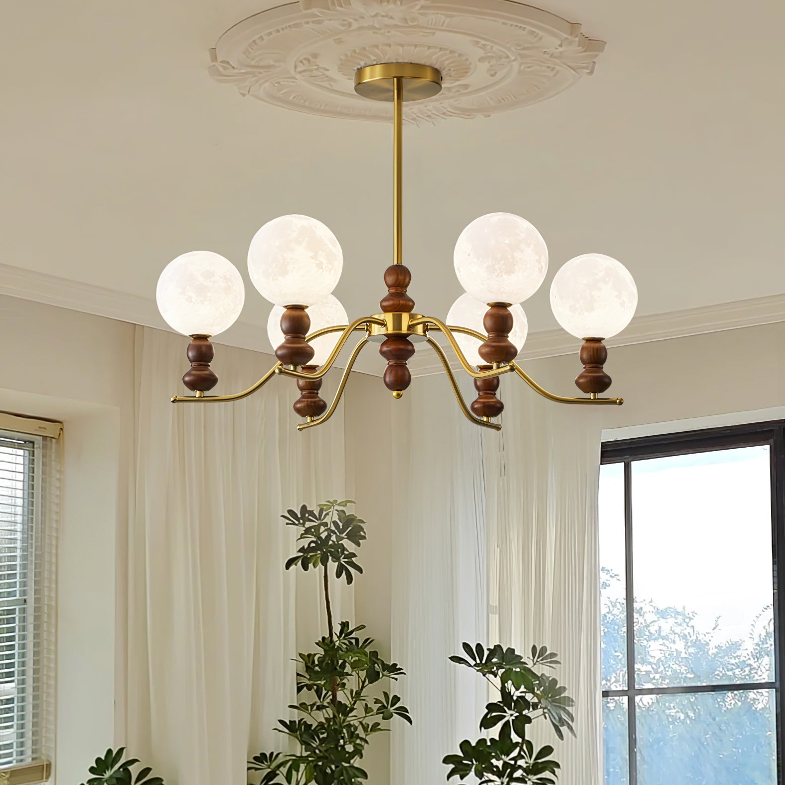 Lustra Chandelier Brass Wood Moon Globe Elegant - Letslighting