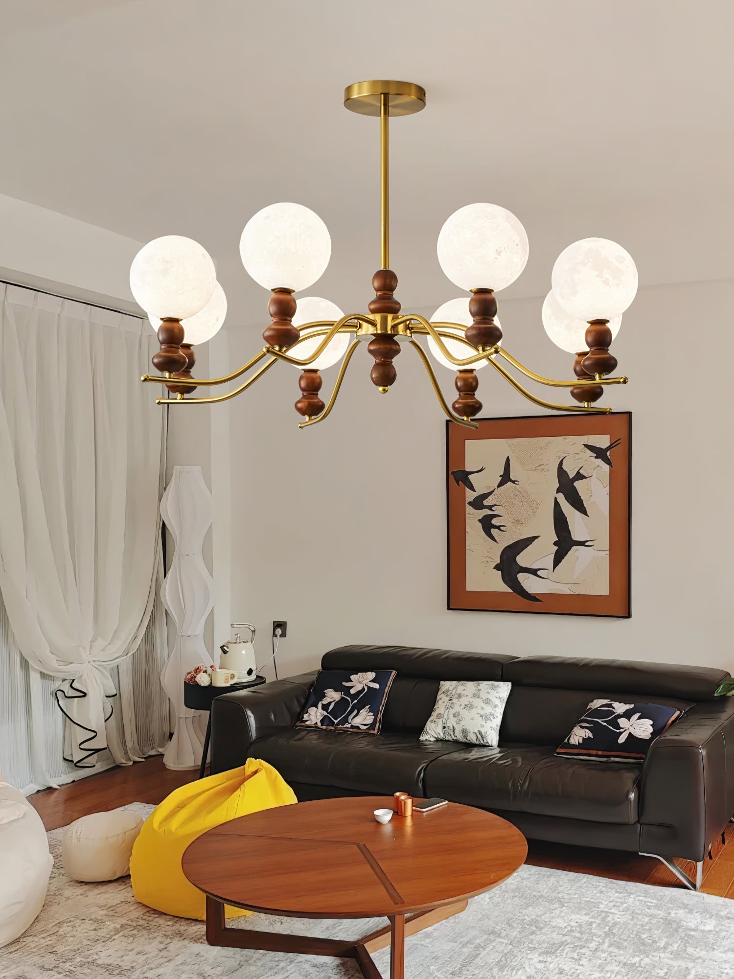 Lustra Chandelier Brass Wood Moon Globe Elegant - Letslighting