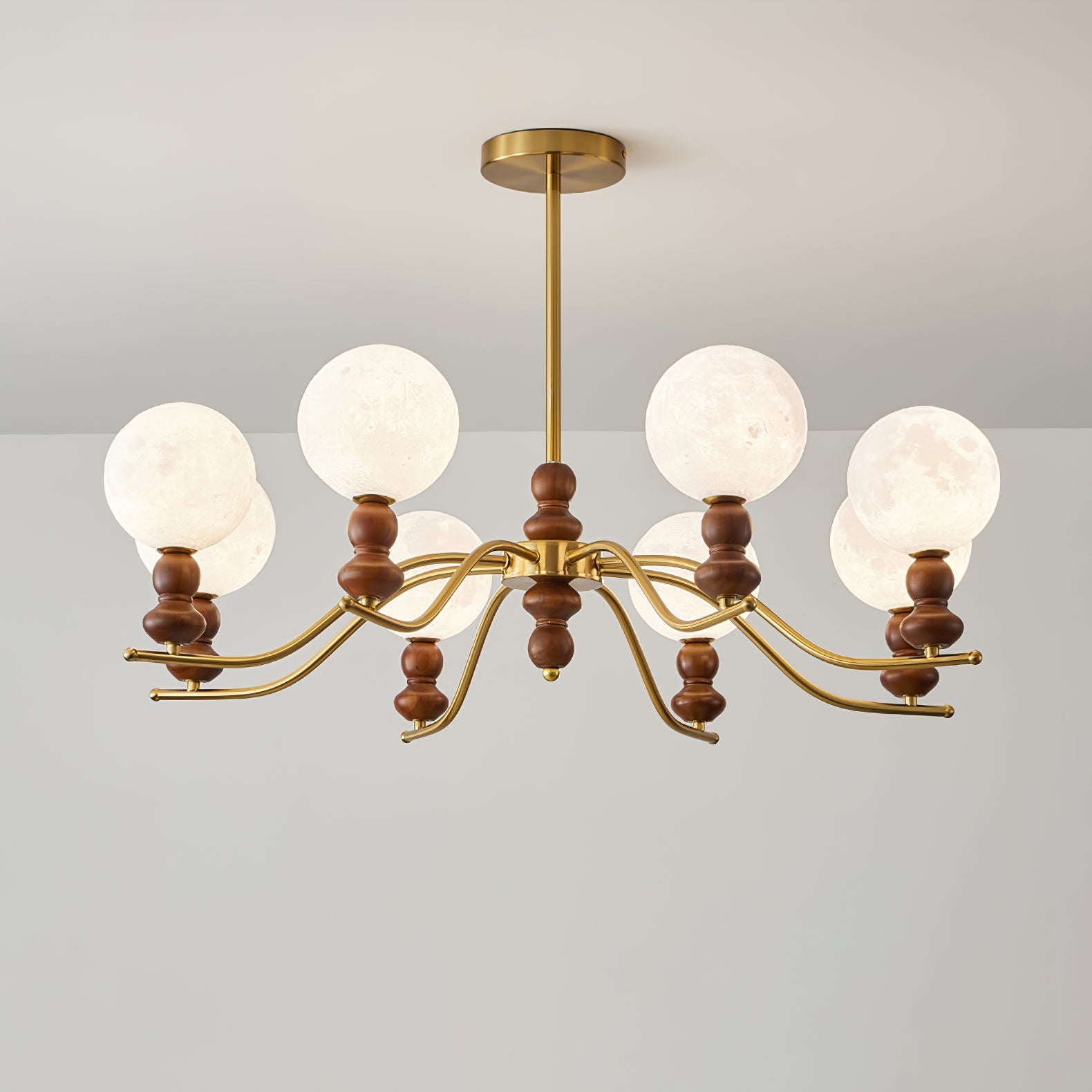 Lustra Chandelier Brass Wood Moon Globe Elegant - Letslighting