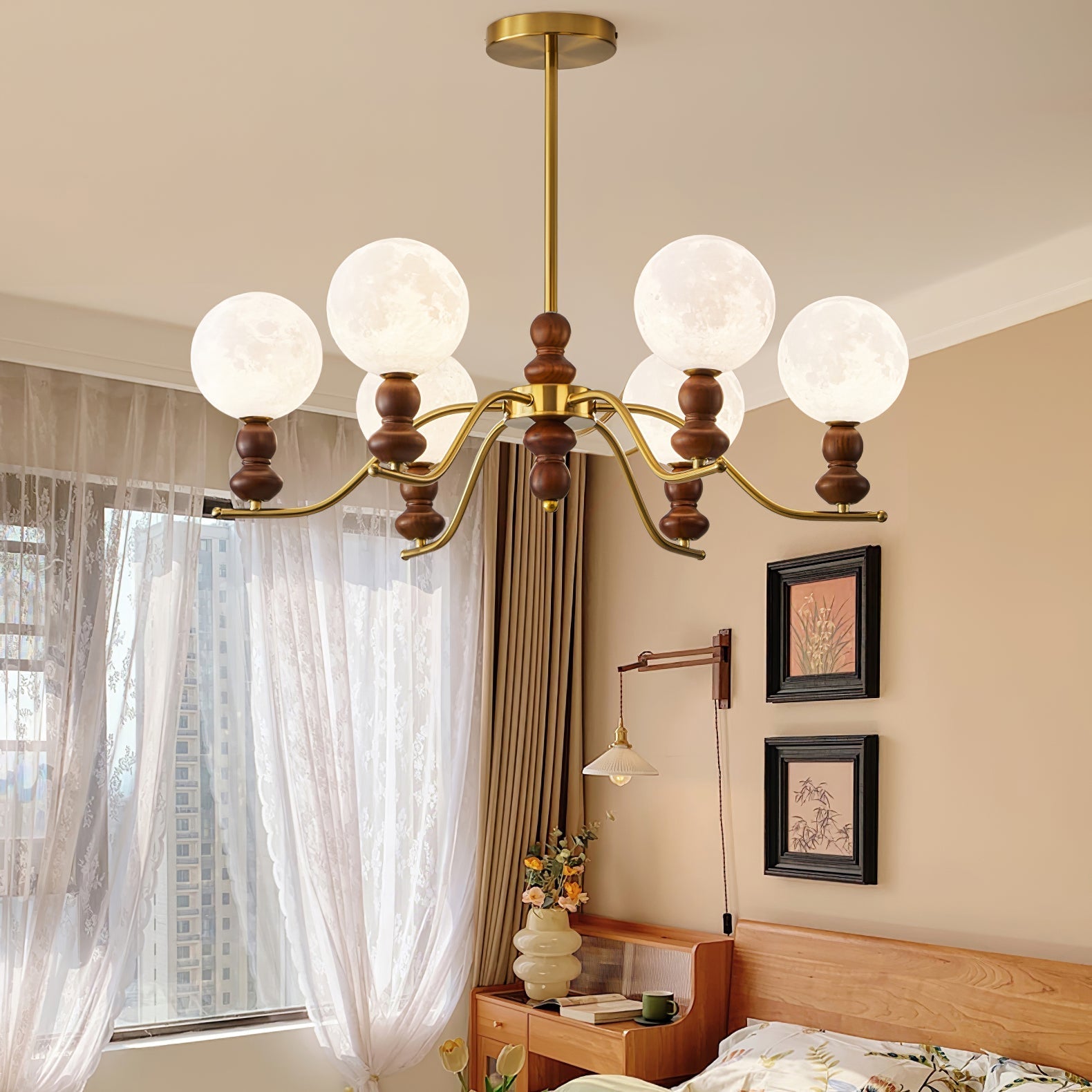 Lustra Chandelier Brass Wood Moon Globe Elegant - Letslighting