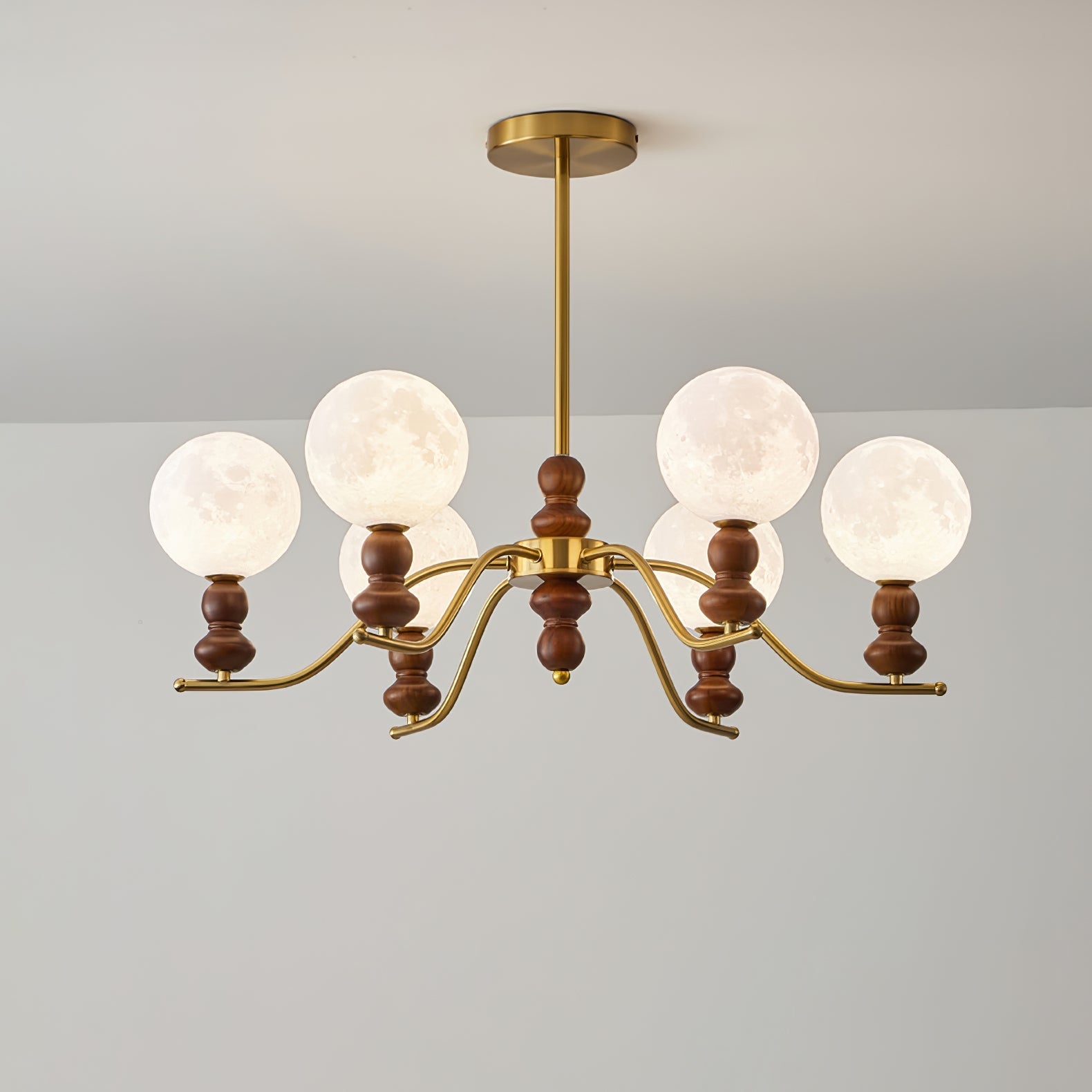 Lustra Chandelier Brass Wood Moon Globe Elegant - Letslighting