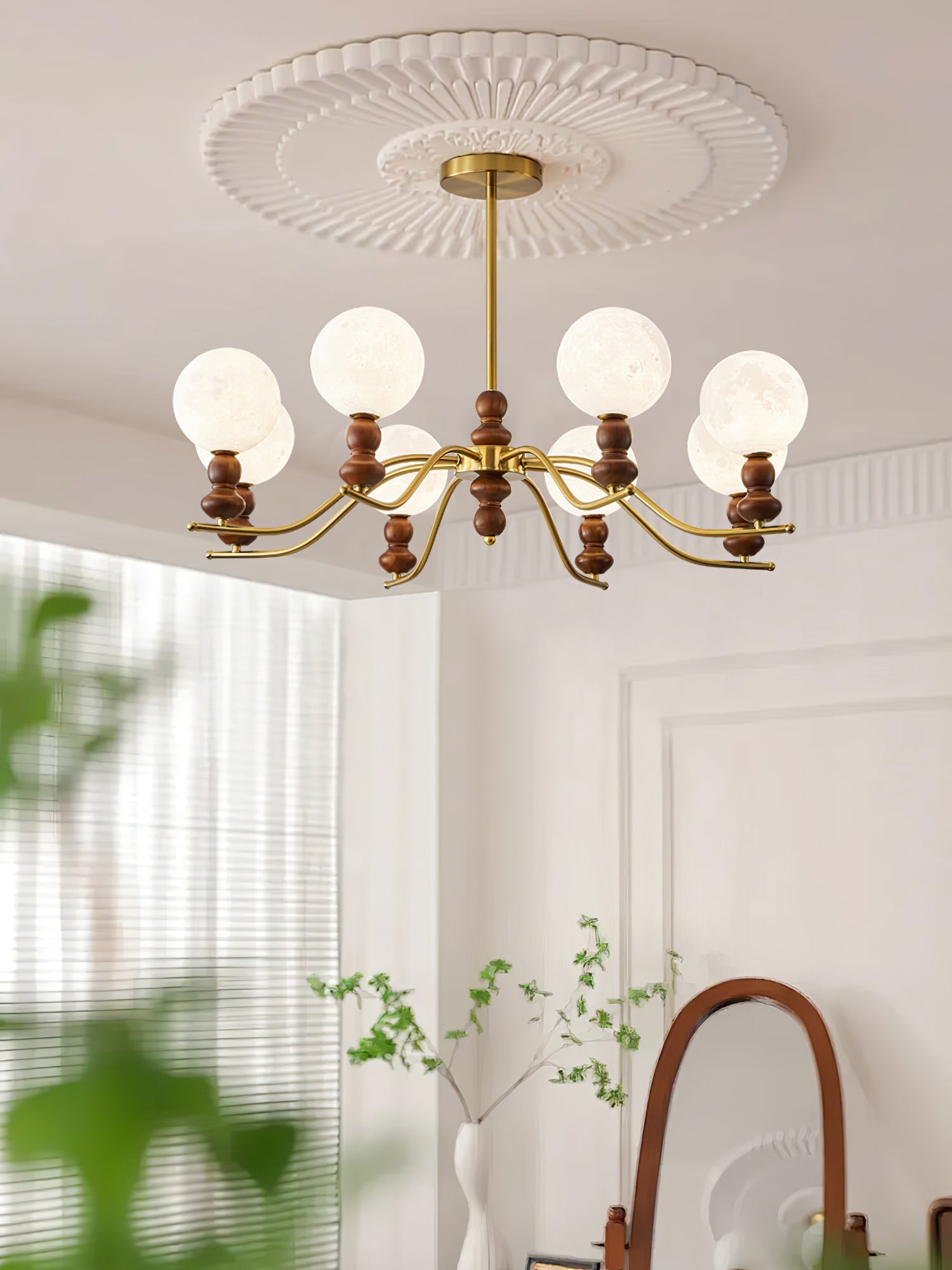 Lustra Chandelier Brass Wood Moon Globe Elegant - Letslighting