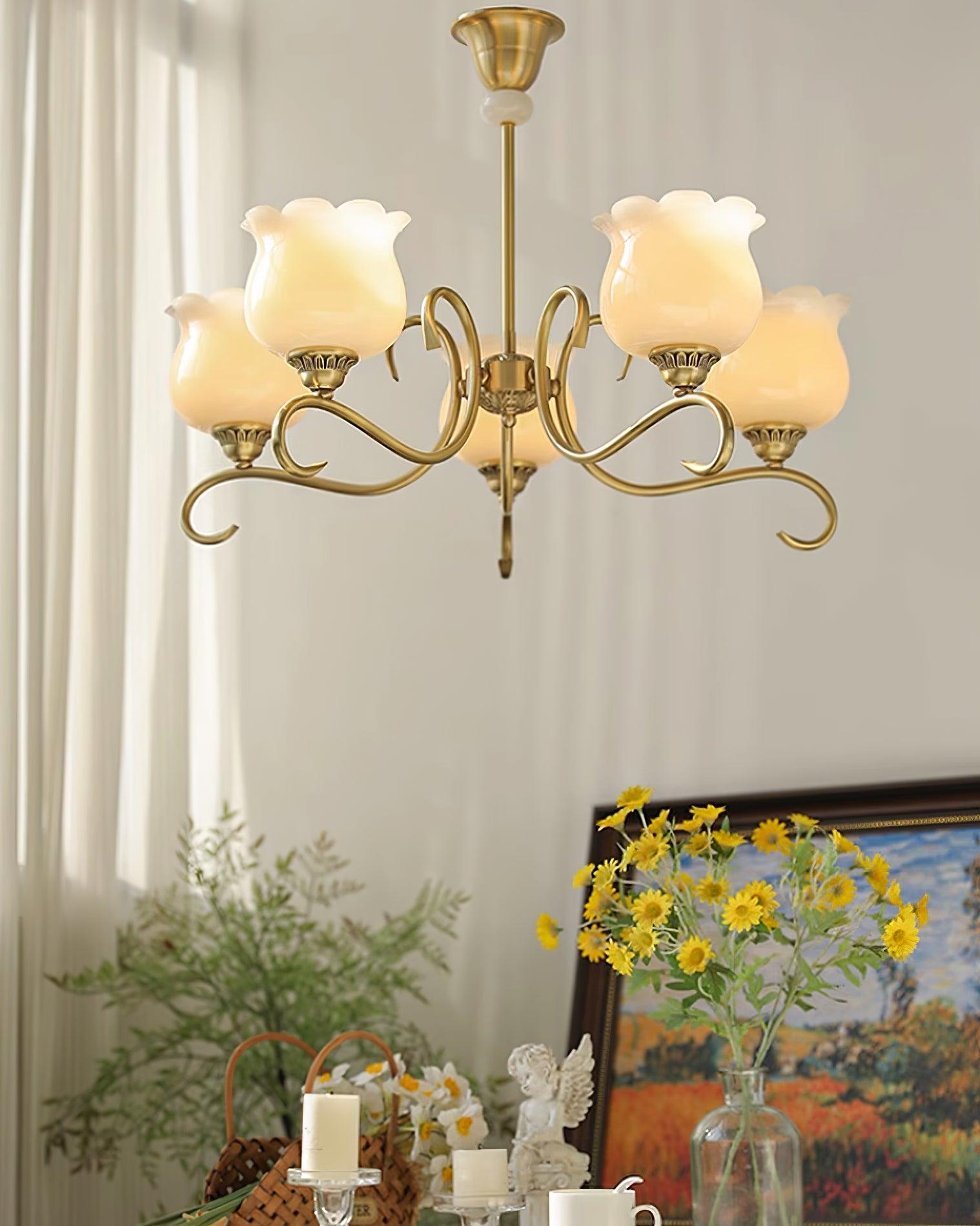 Mullan Chandelier Brass Resin Shades Floral Sculptural - Letslighting