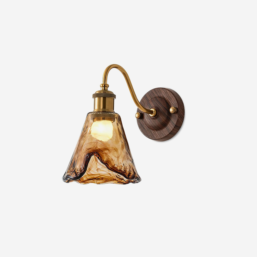 Wall Lamp Amber Glass Shade Walnut Gold Vintage Modern Sconce - Letslighting
