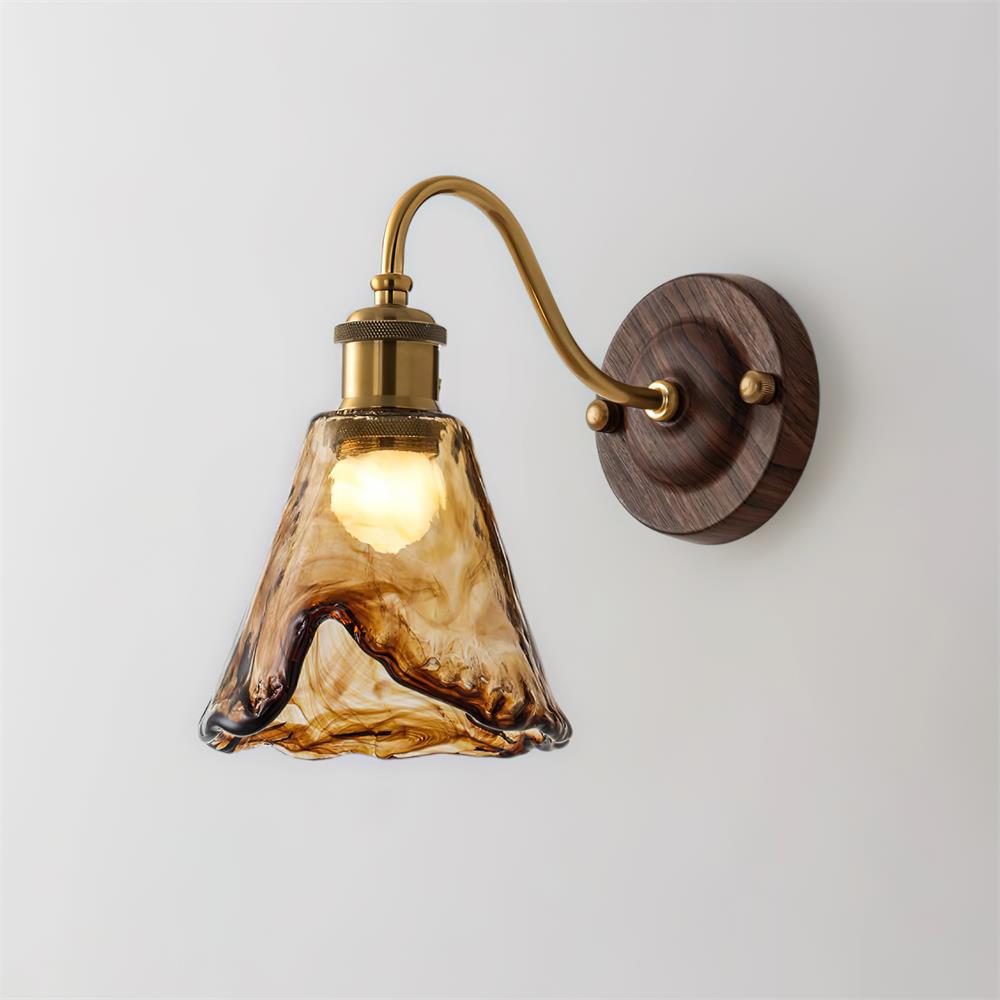 Wall Lamp Amber Glass Shade Walnut Gold Vintage Modern Sconce - Letslighting