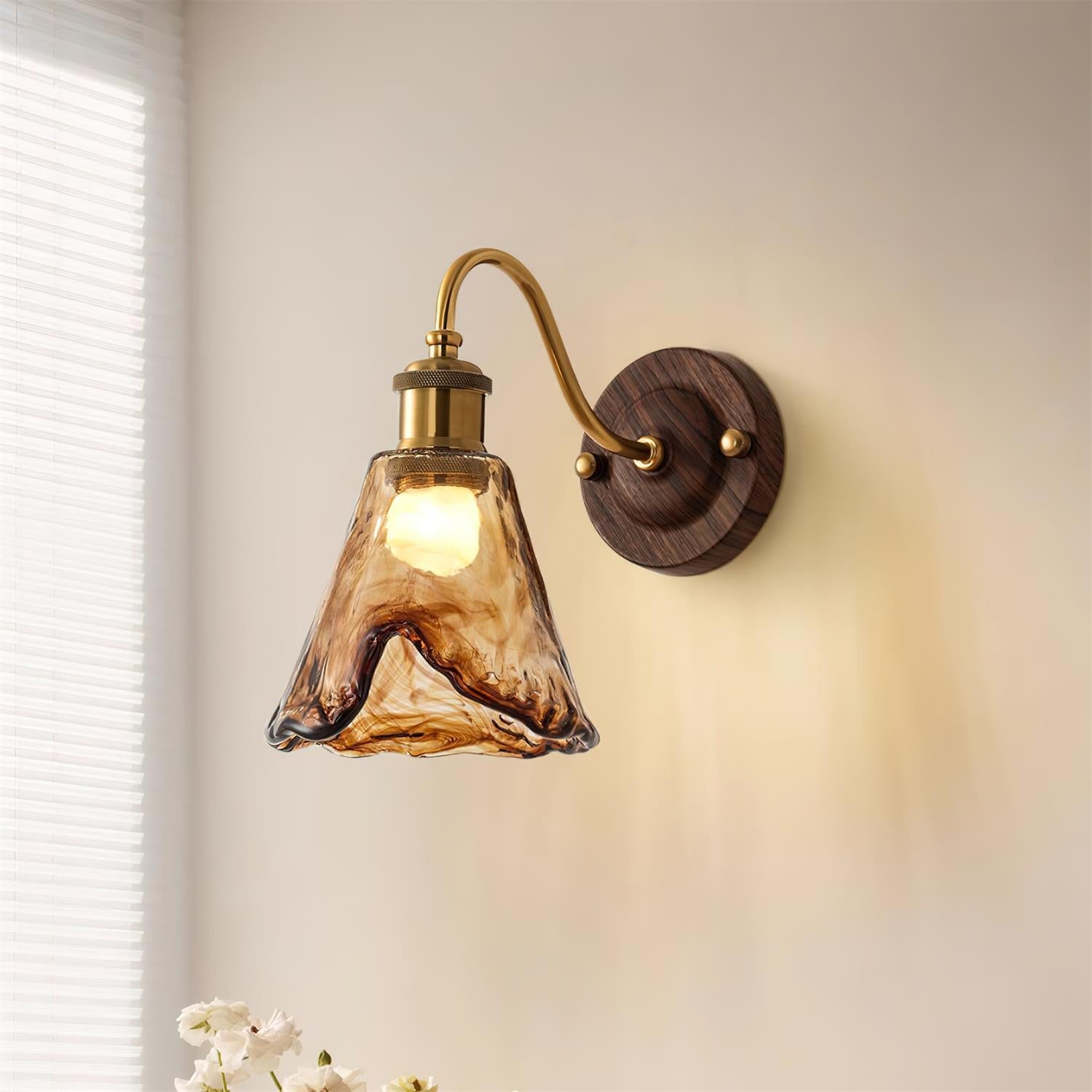 Wall Lamp Amber Glass Shade Walnut Gold Vintage Modern Sconce - Letslighting