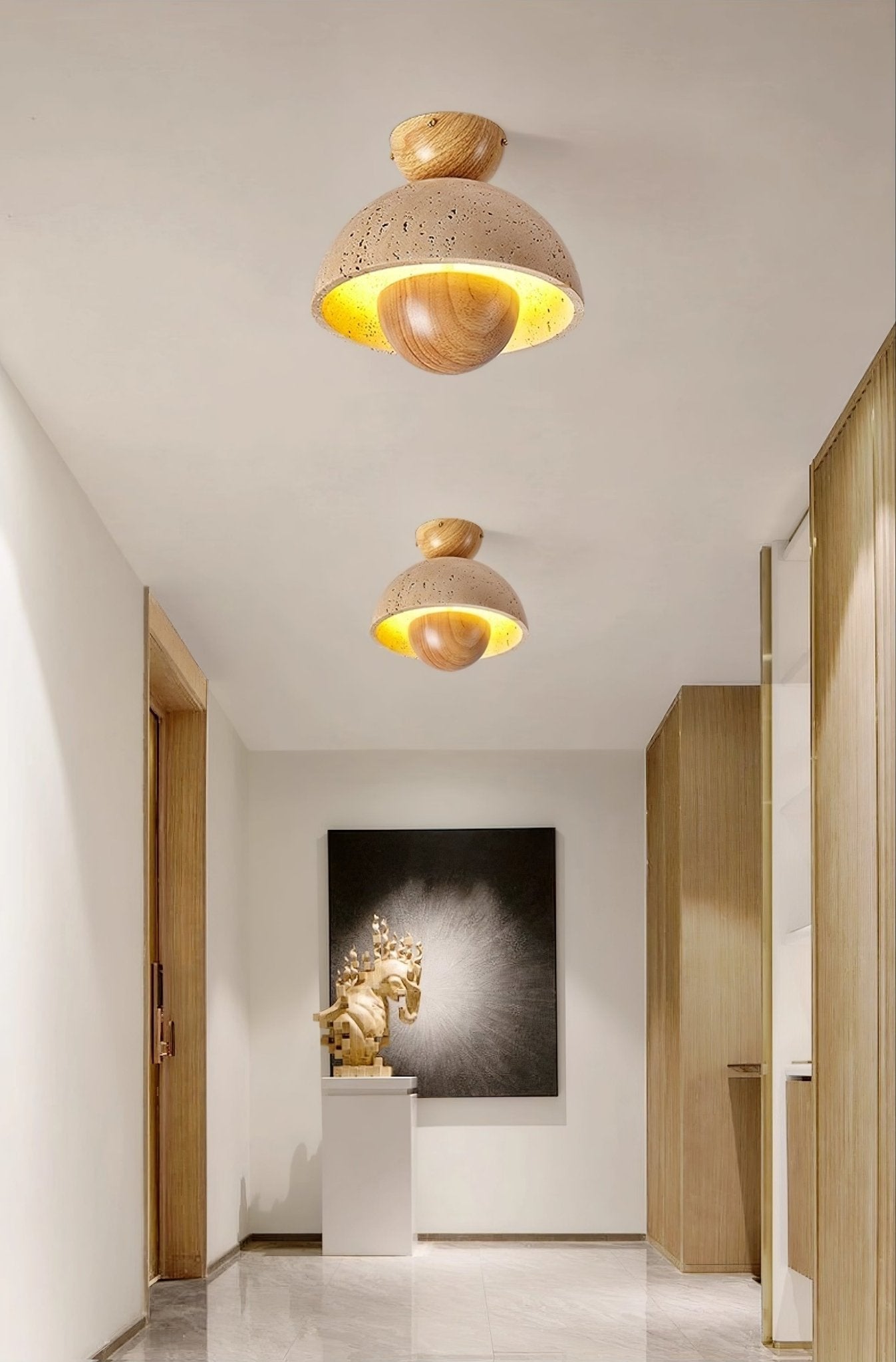 Nerio Modern Travertine & Wood Ceiling Light