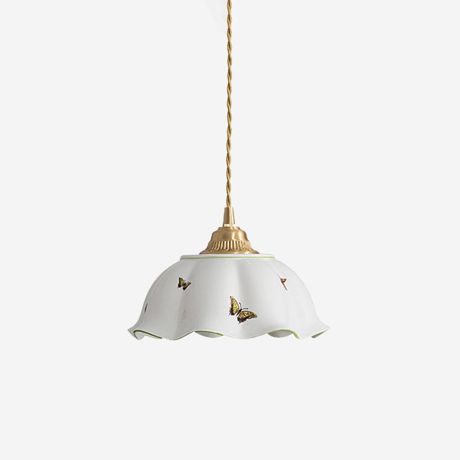Pendant Lamp Ceramic Petal Shade Hand Painted Butterflies Vintage Charm - Letslighting