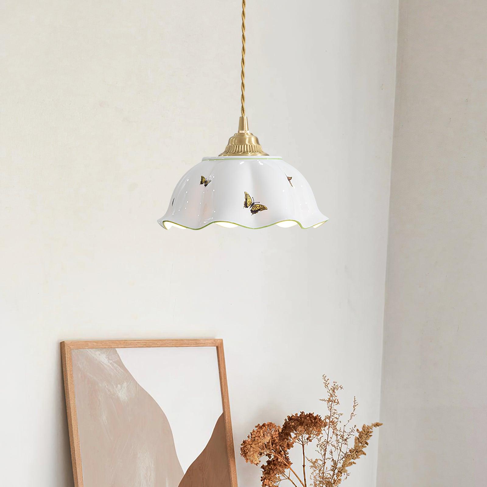 Pendant Lamp Ceramic Petal Shade Hand Painted Butterflies Vintage Charm - Letslighting