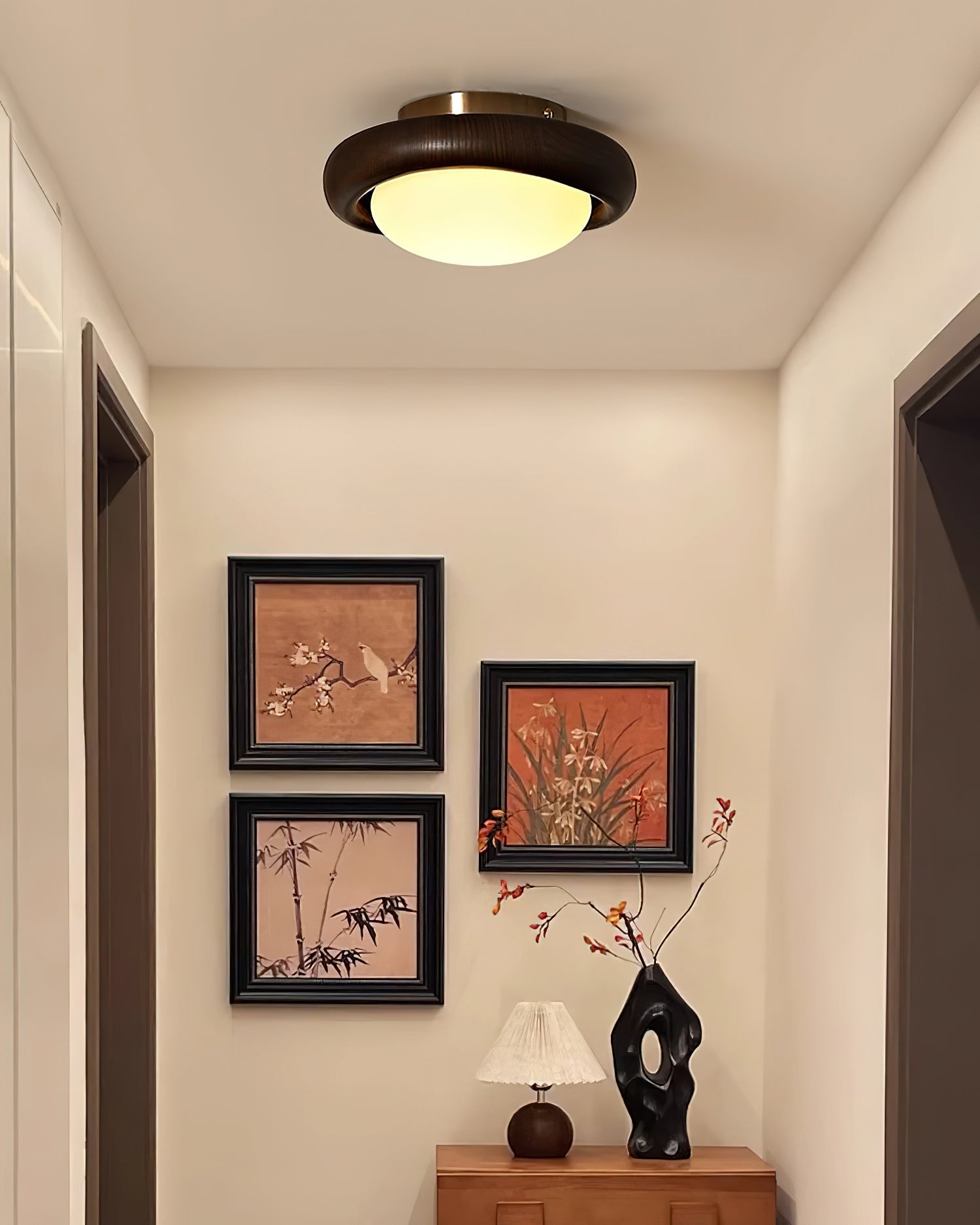 Novi Ceiling Lamp Wooden Ring With Frosted Globe - Letslighting