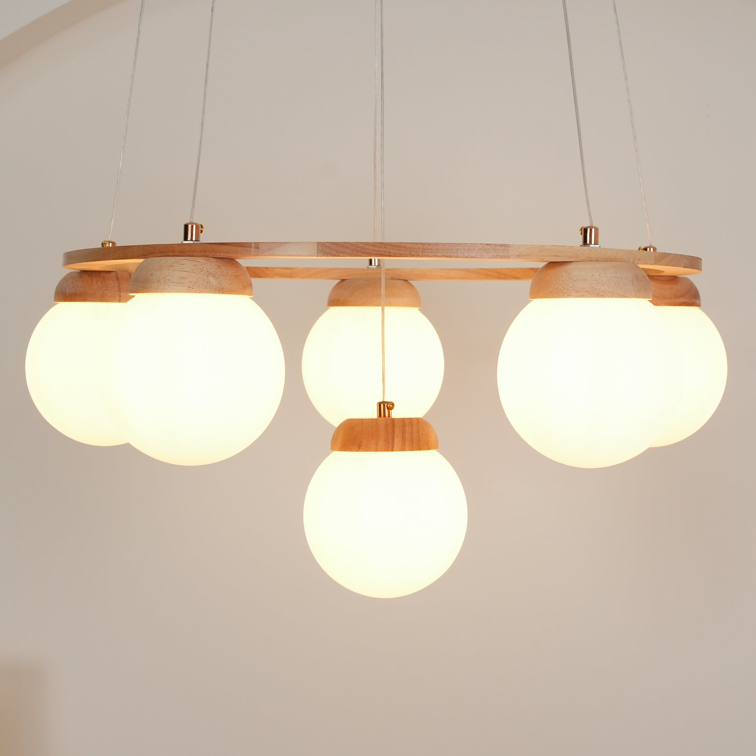 Lustra Chandelier Wood Ring Opal Glass Globes - Letslighting