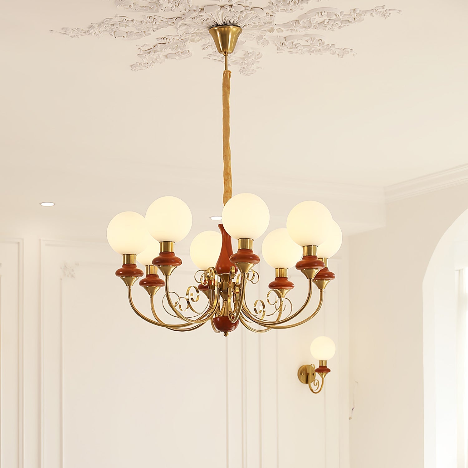 Lustra Chandelier Green Shades Gold Curved Arms - Letslighting