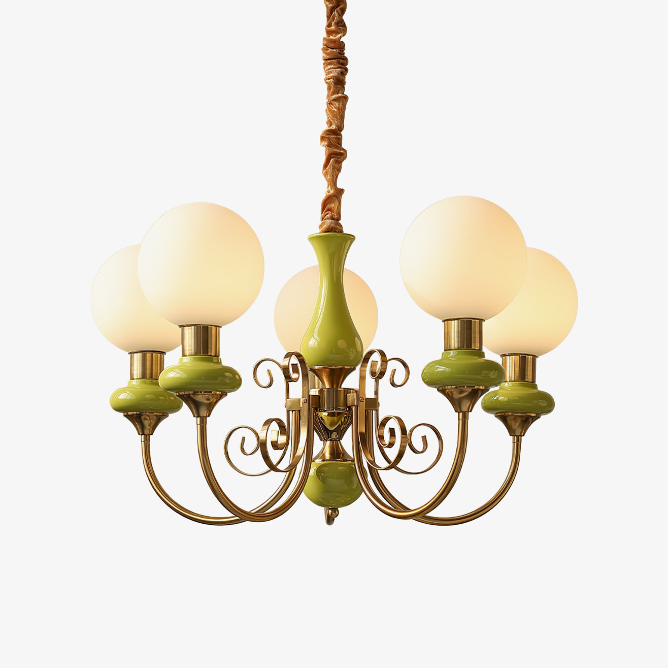 Lustra Chandelier Green Shades Gold Curved Arms - Letslighting