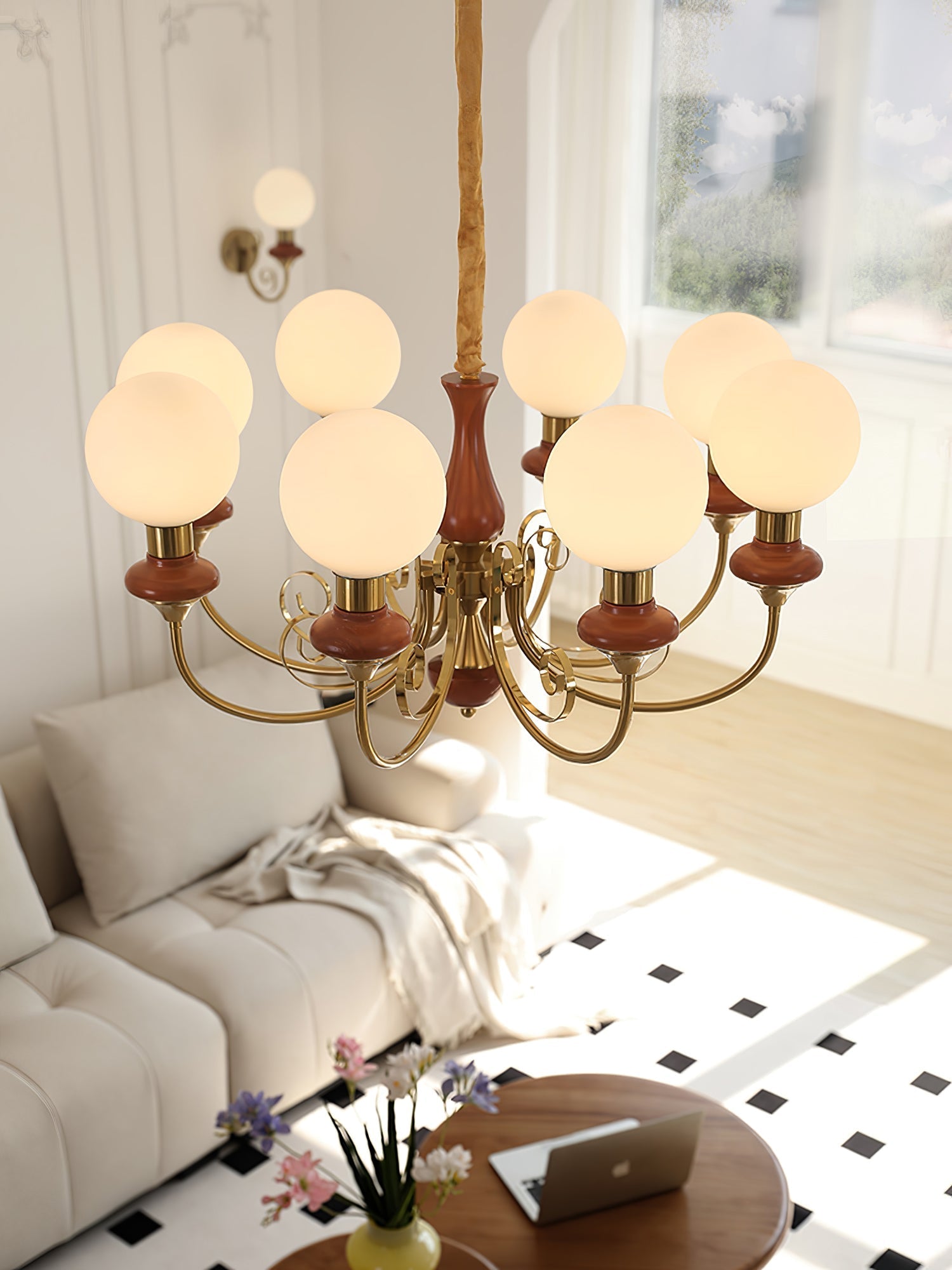 Lustra Chandelier Green Shades Gold Curved Arms - Letslighting