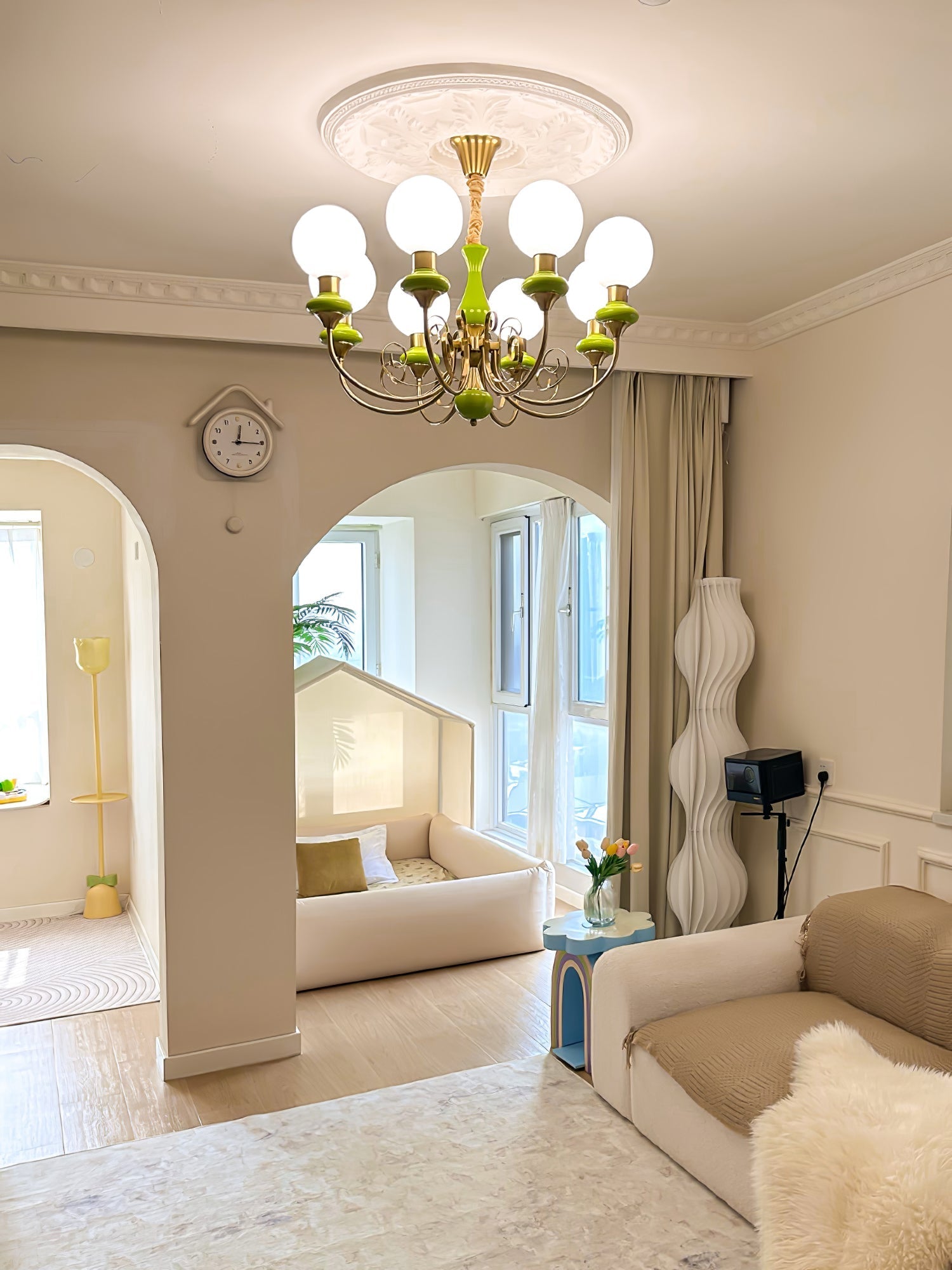 Lustra Chandelier Green Shades Gold Curved Arms - Letslighting