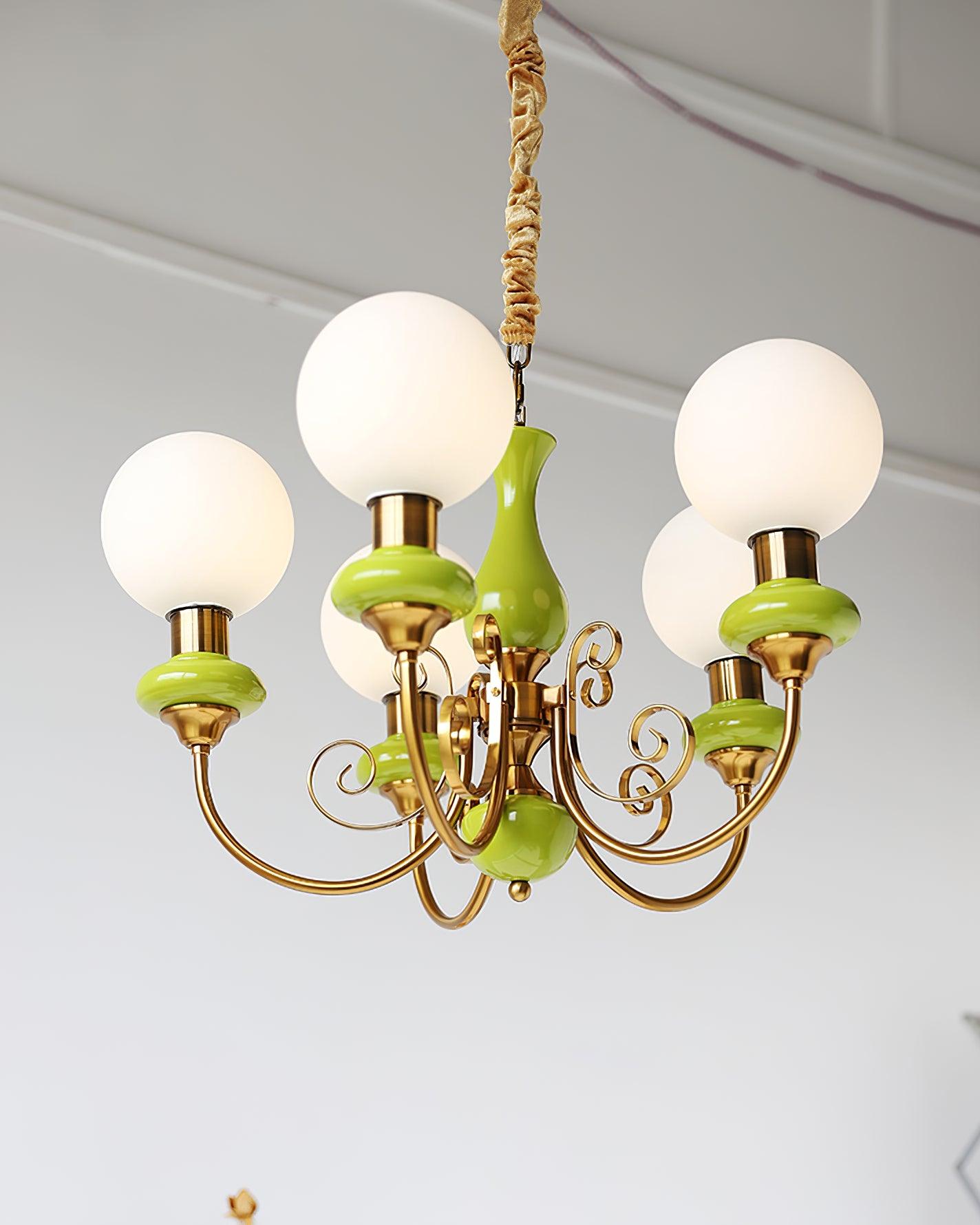Lustra Chandelier Green Shades Gold Curved Arms - Letslighting