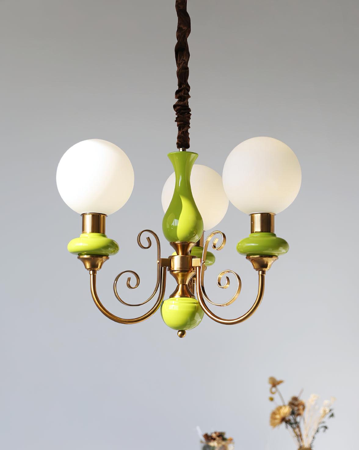 Lustra Chandelier Green Shades Gold Curved Arms - Letslighting