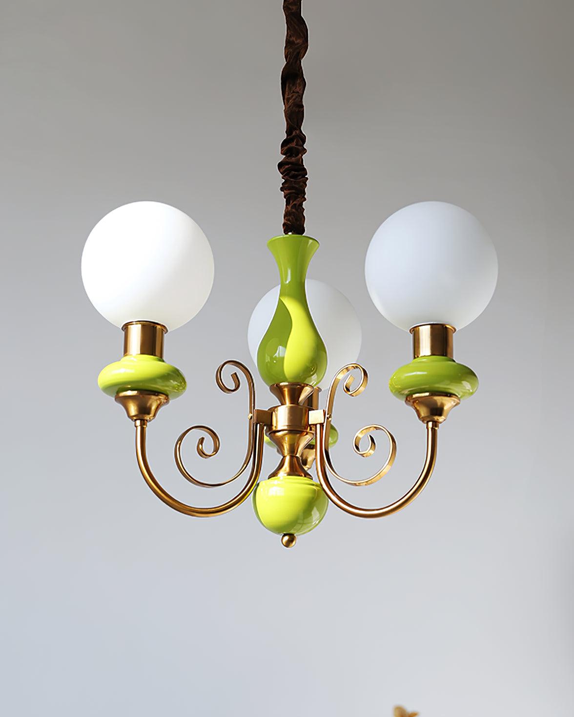 Lustra Chandelier Green Shades Gold Curved Arms - Letslighting