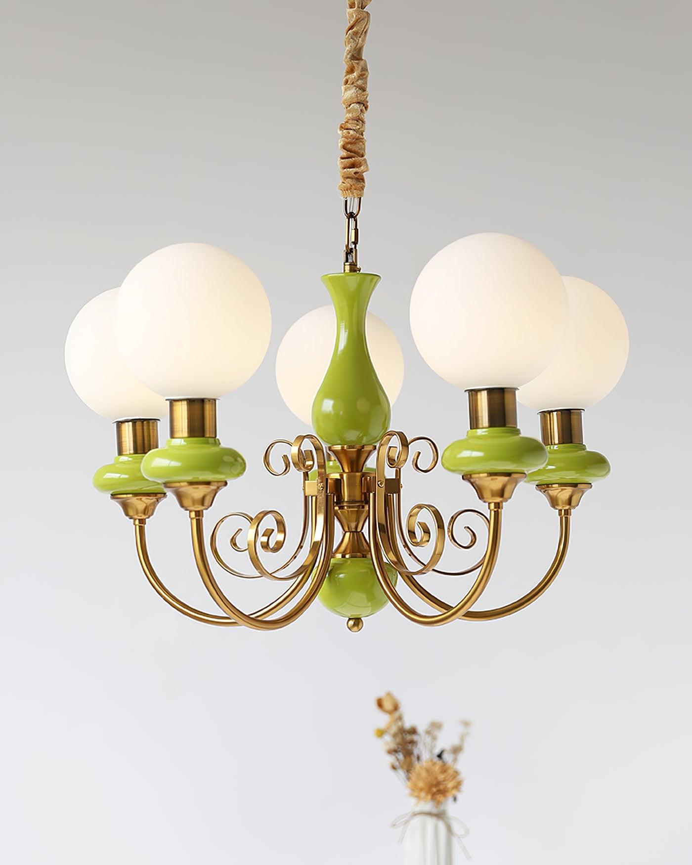 Lustra Chandelier Green Shades Gold Curved Arms - Letslighting