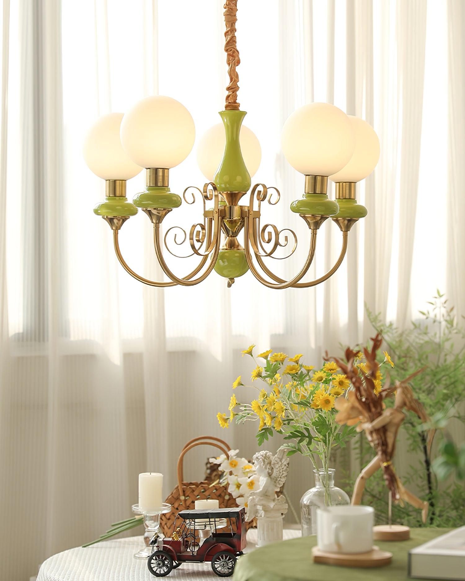 Lustra Chandelier Green Shades Gold Curved Arms - Letslighting