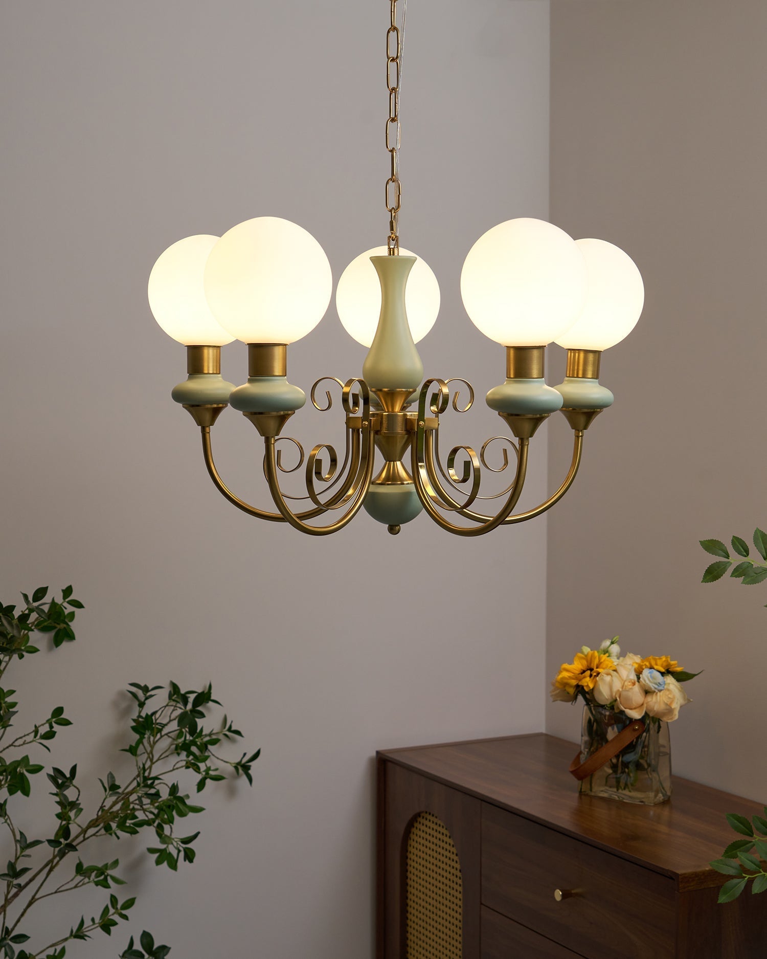 Lustra Chandelier Green Shades Gold Curved Arms - Letslighting