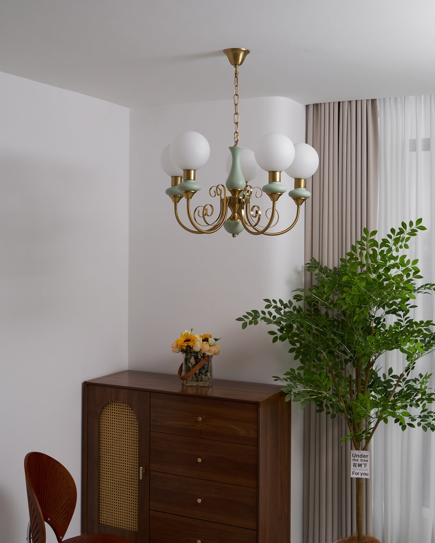 Lustra Chandelier Green Shades Gold Curved Arms - Letslighting