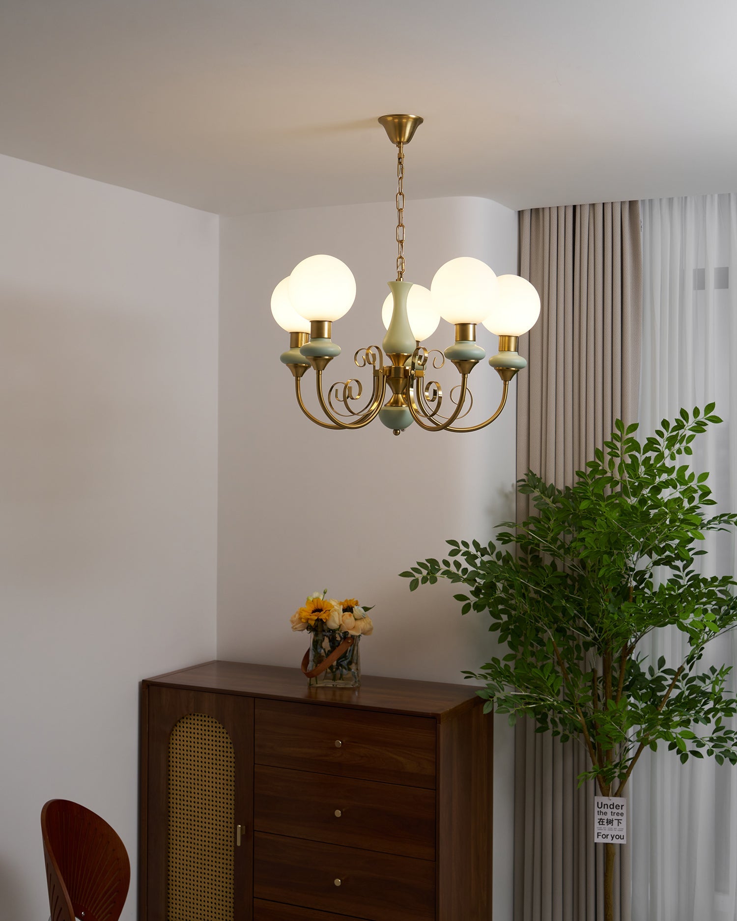 Lustra Chandelier Green Shades Gold Curved Arms - Letslighting