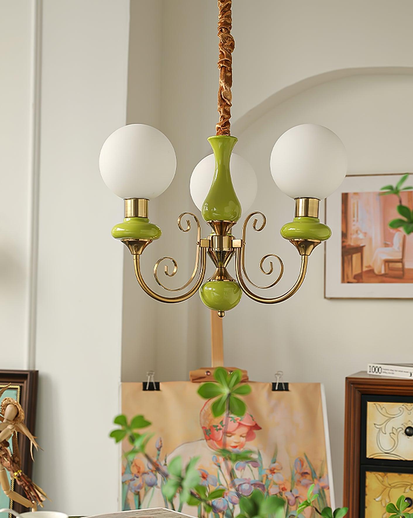 Lustra Chandelier Green Shades Gold Curved Arms - Letslighting