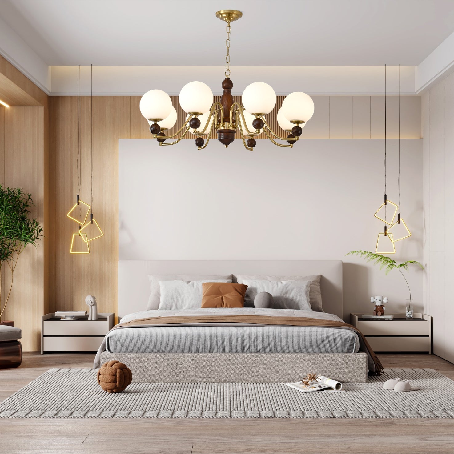 Lustra Chandelier Wood & Brass Globe - Letslighting