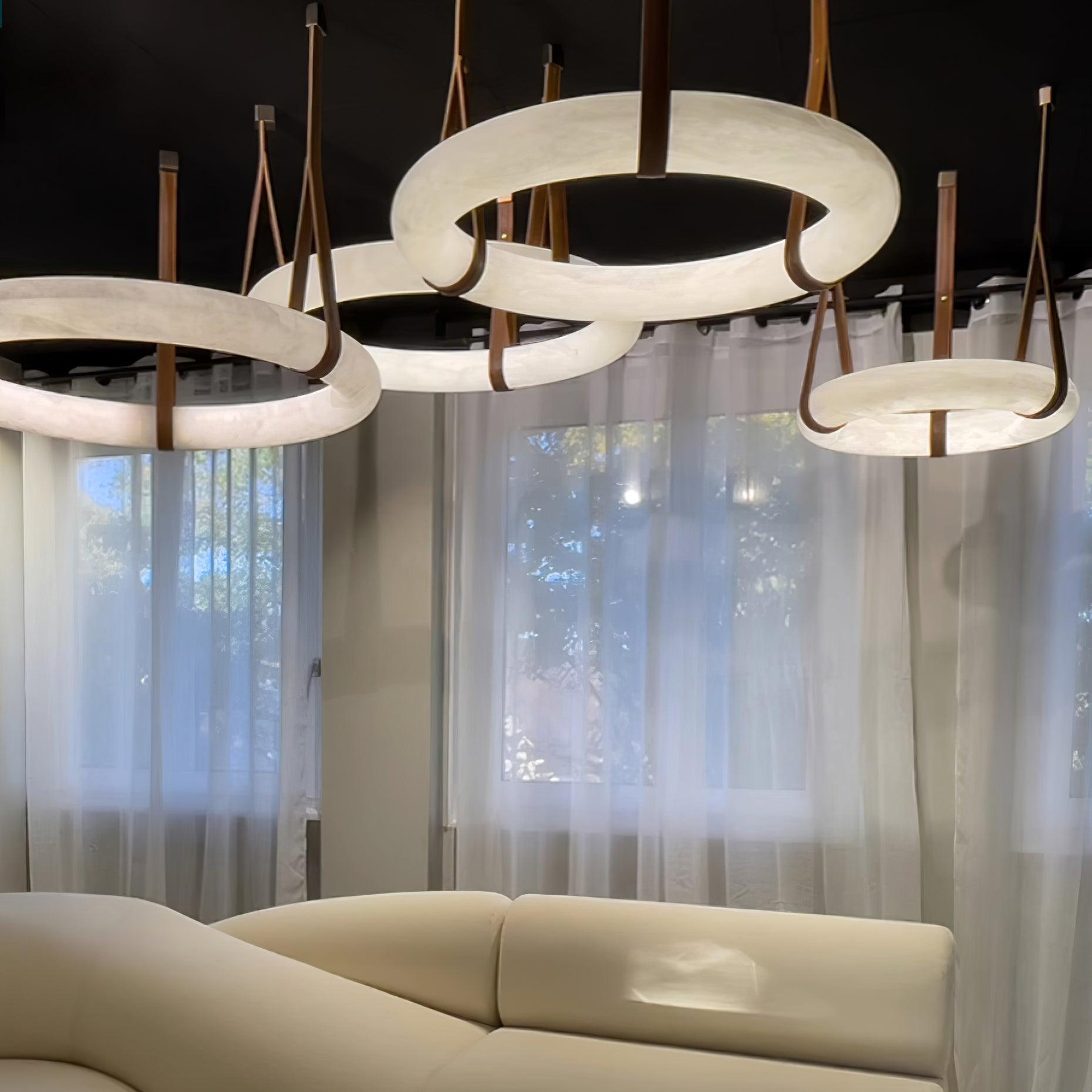Pendant Lamp Alabaster Ring Triple Leather Straps Nordic Luxe - Letslighting