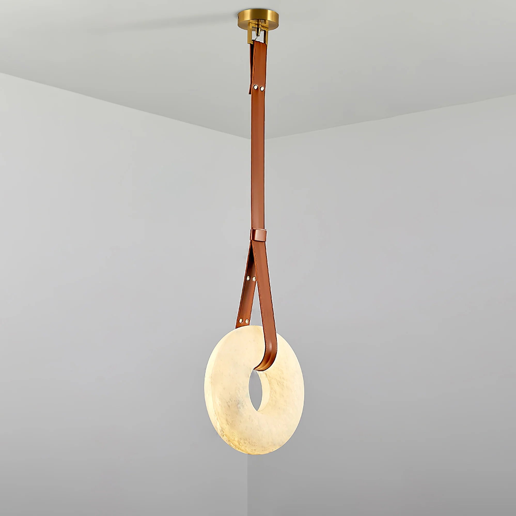Pendant Lamp Alabaster Ring Triple Leather Straps Nordic Luxe - Letslighting