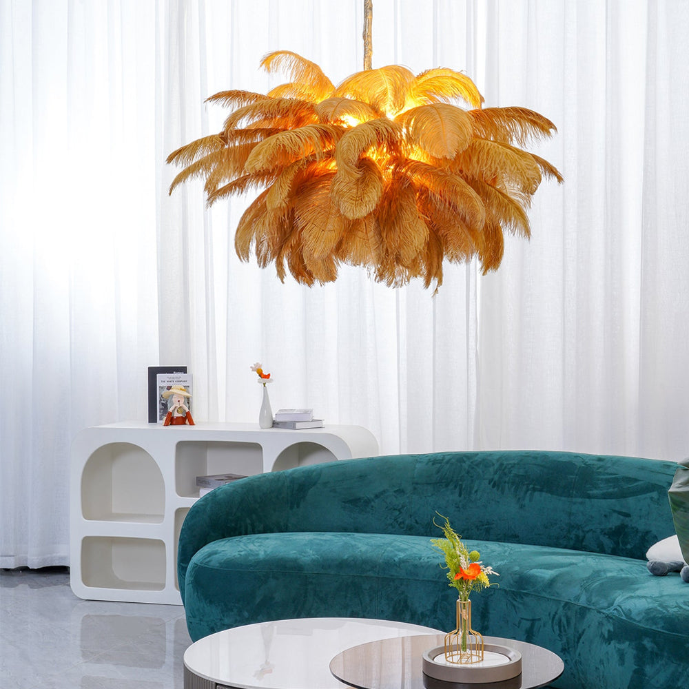 Lustra Chandelier Ostrich Feather Large Brass Stem - Letslighting