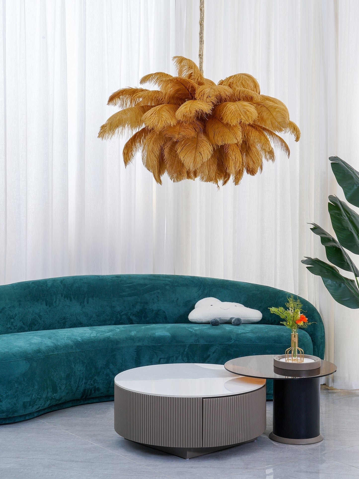 Lustra Chandelier Ostrich Feather Large Brass Stem - Letslighting